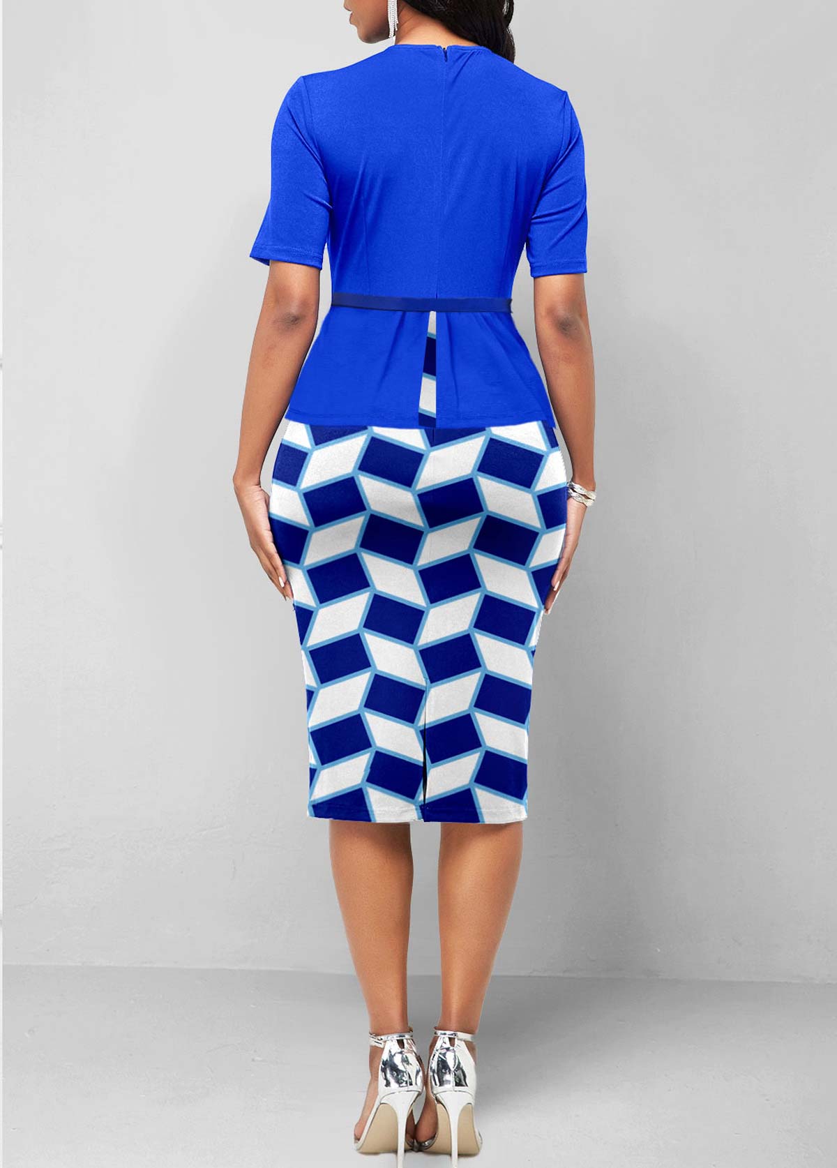 Royal Blue Fake 2in1 Geometric Print Belted Dress