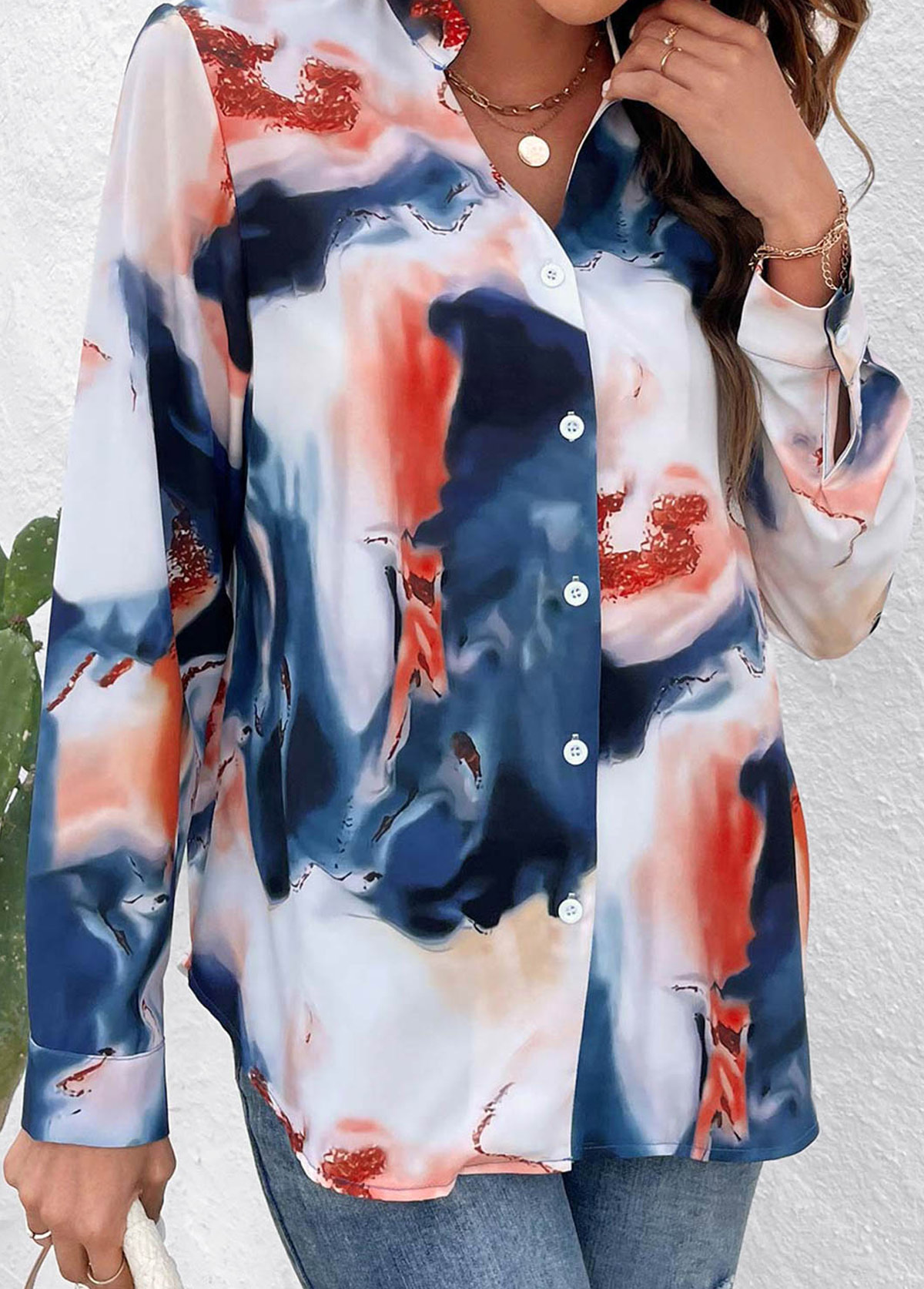 Multi Color Button Ink Painting Print Blouse