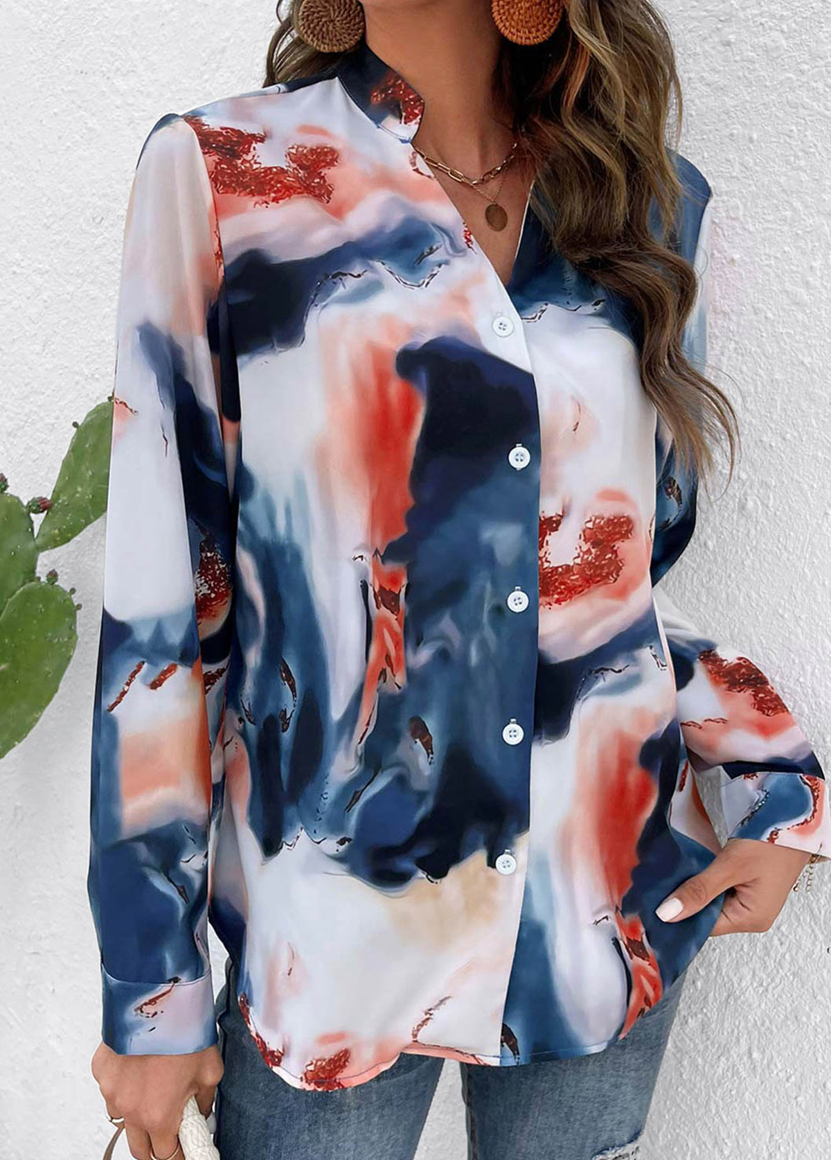 Multi Color Button Ink Painting Print Blouse | picture 