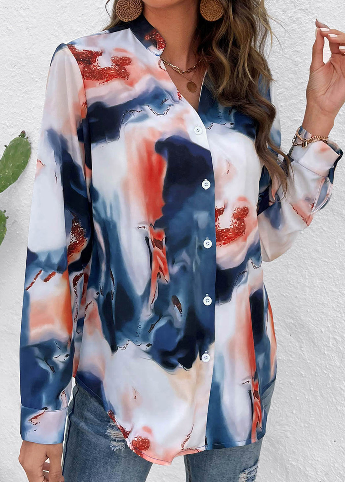 Multi Color Button Ink Painting Print Blouse | picture 