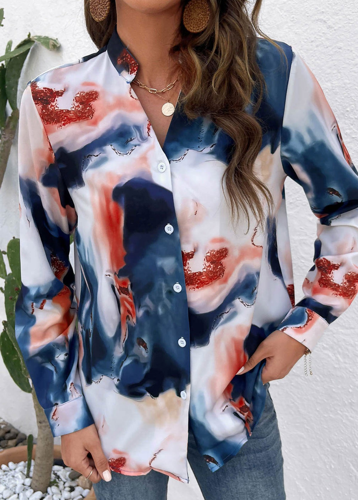 Multi Color Button Ink Painting Print Blouse