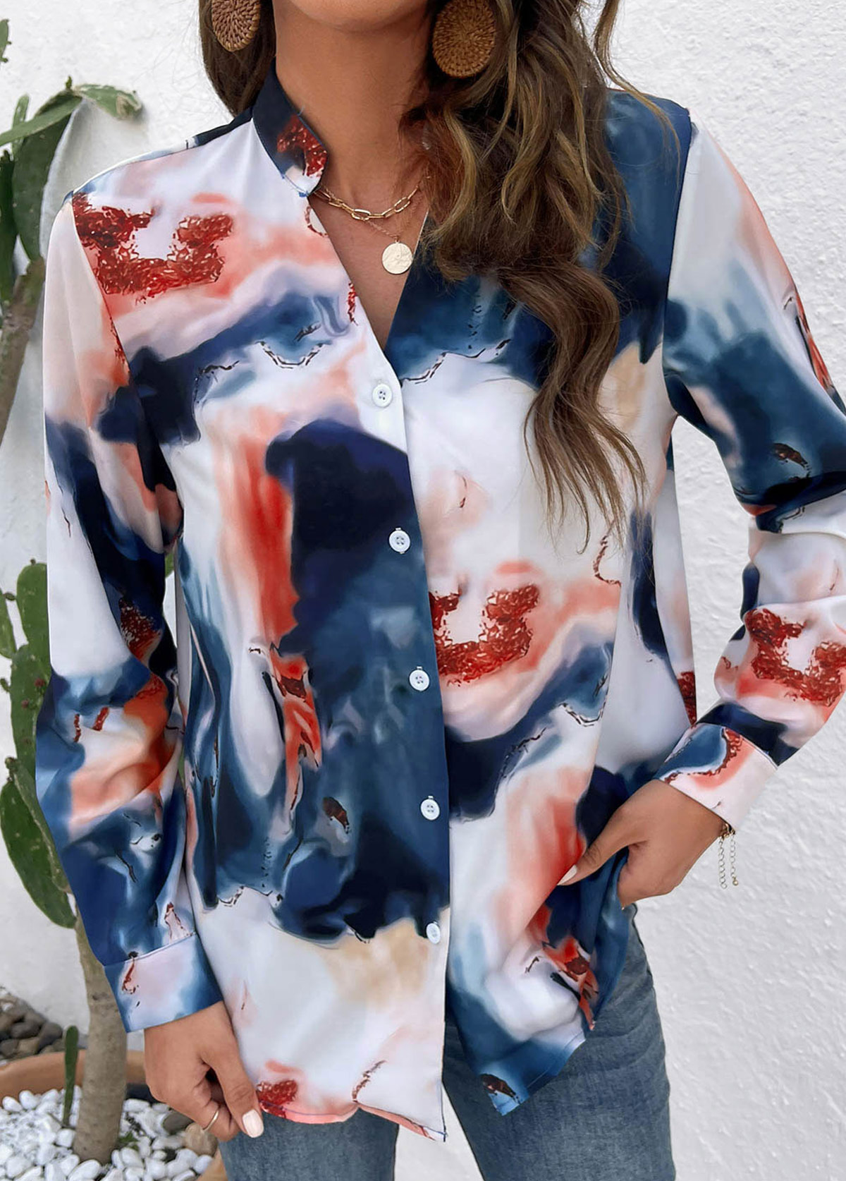 Multi Color Button Ink Painting Print Blouse | picture 