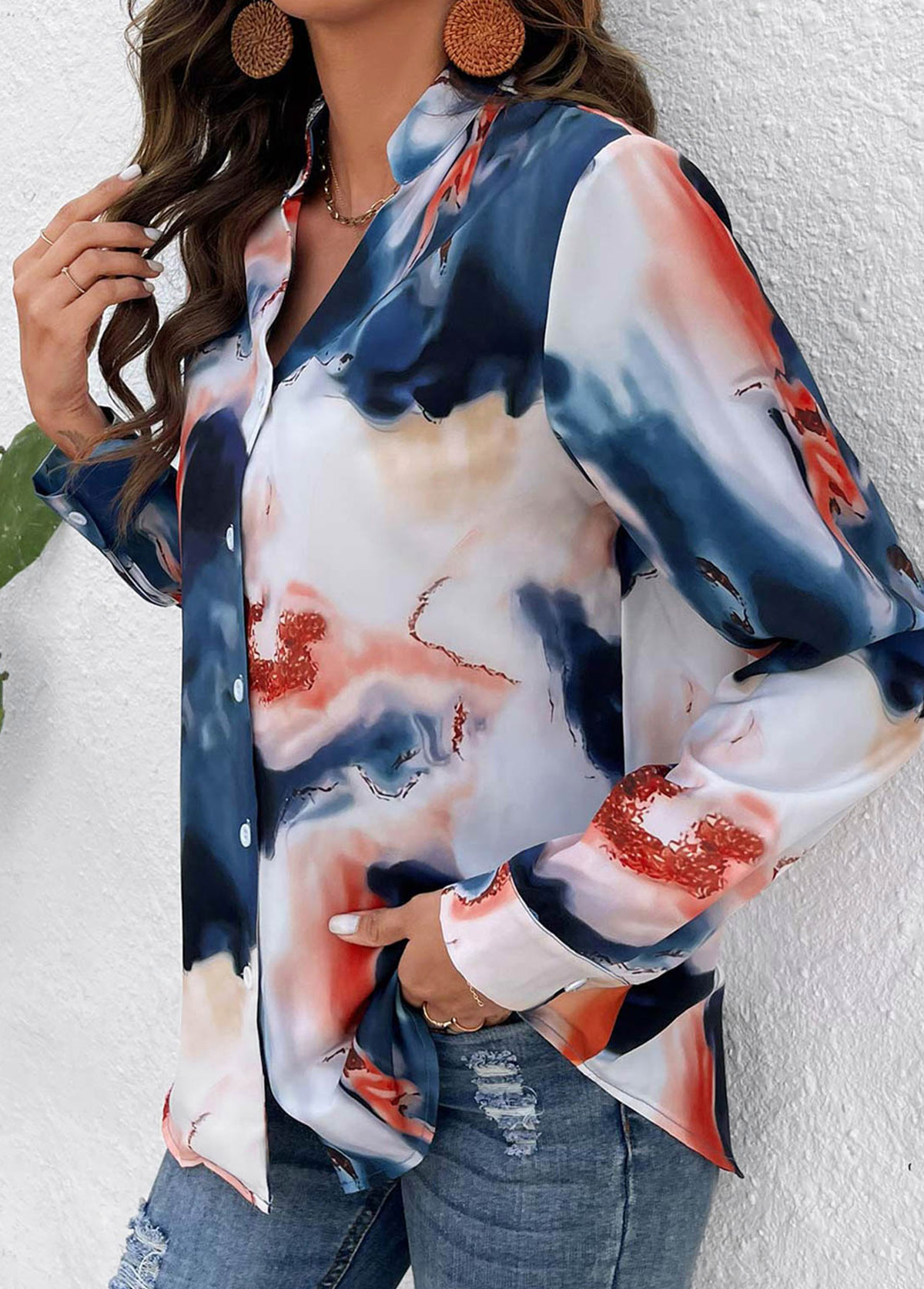 Multi Color Button Ink Painting Print Blouse | picture 