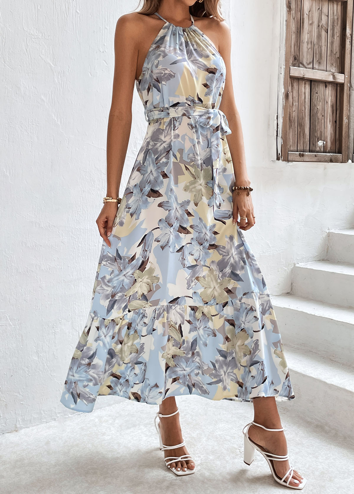 Light Blue Bowknot Floral Print Belted Strappy Dress