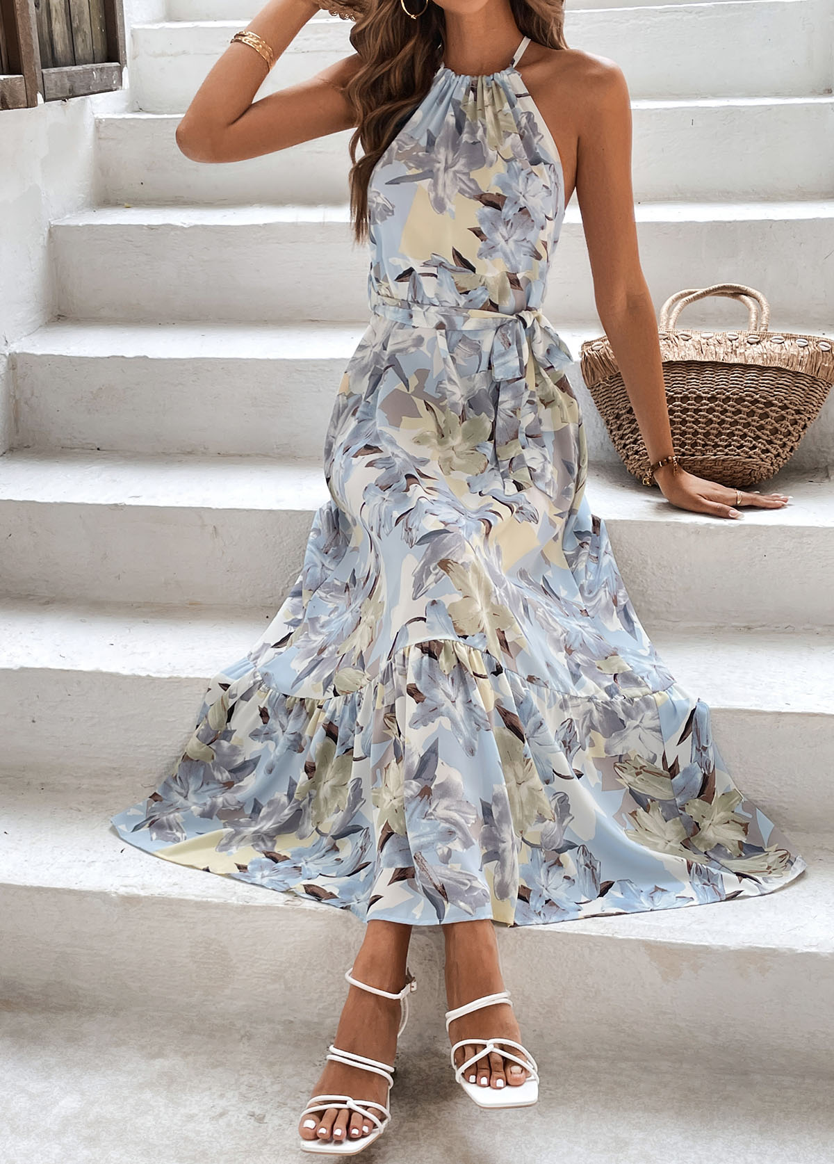 Light Blue Bowknot Floral Print Belted Strappy Dress