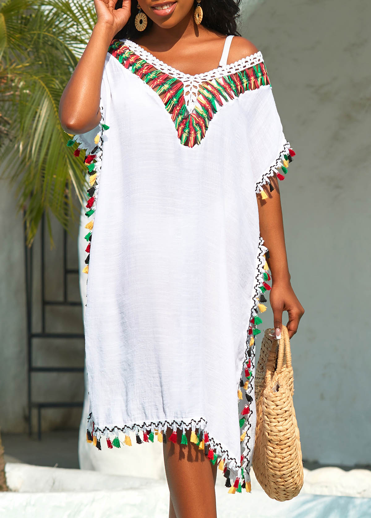 Tassel Patchwork Weave White Cover Up