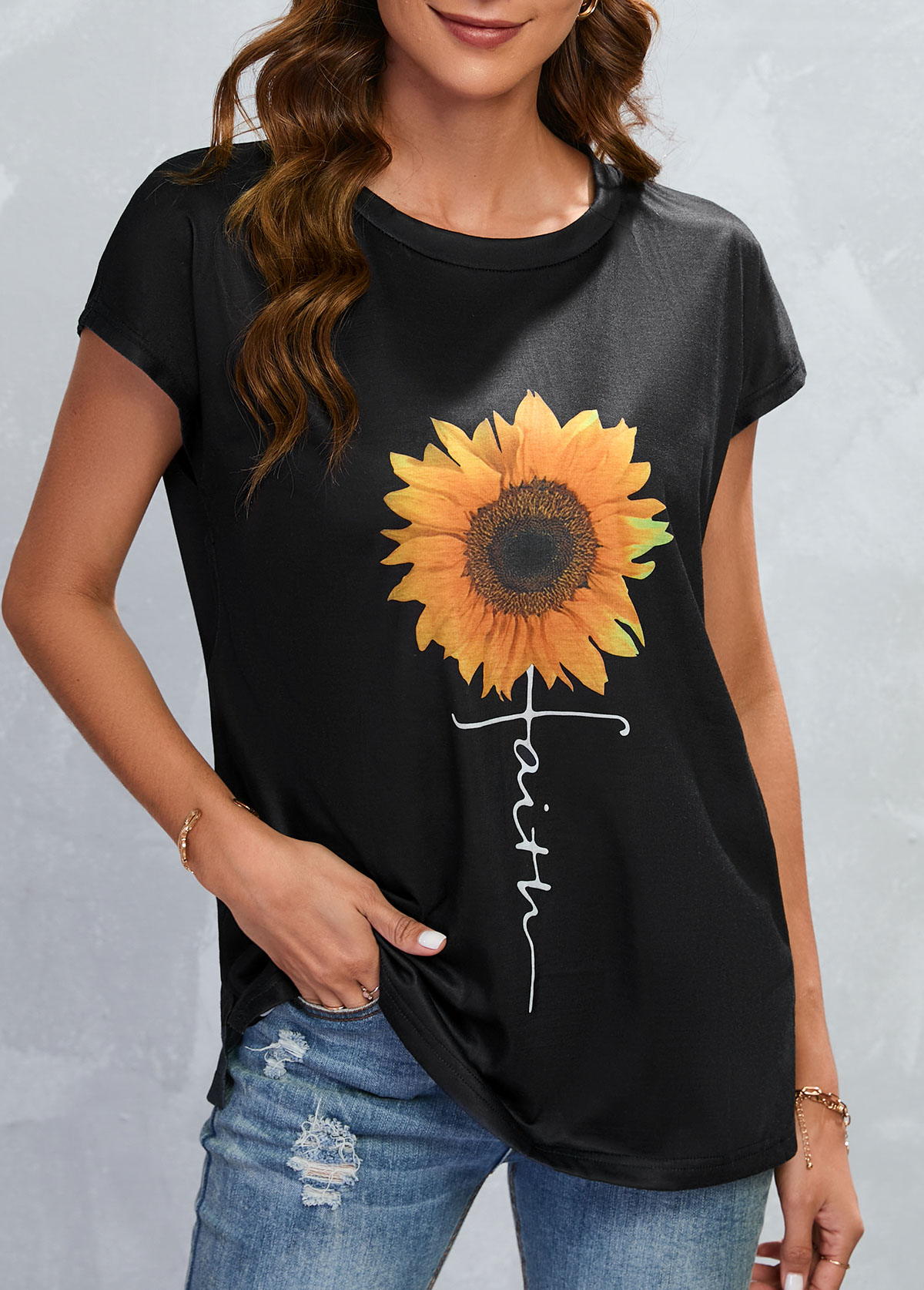 Black Lightweigh Sunflower Print Short Sleeve T Shirt