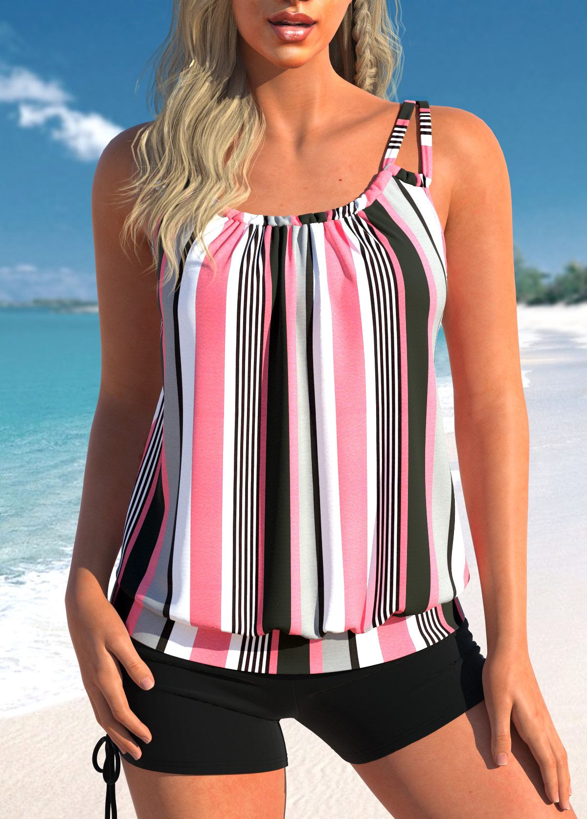 Ruched Striped Light Pink Tankini Top-No Bottom