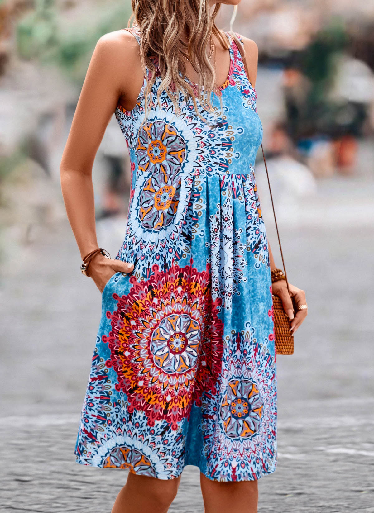 Blue Pleated Tribal Print Short H Shape Dress | modlily.com - USD 21.98