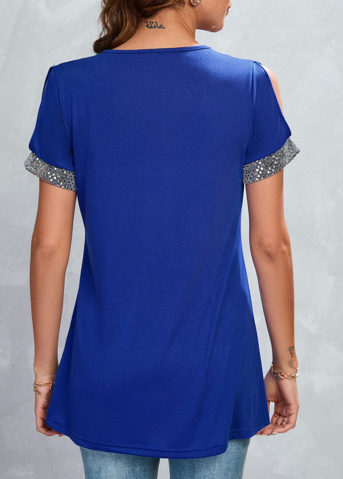 Blue Patchwork Short Sleeve V Neck T Shirt