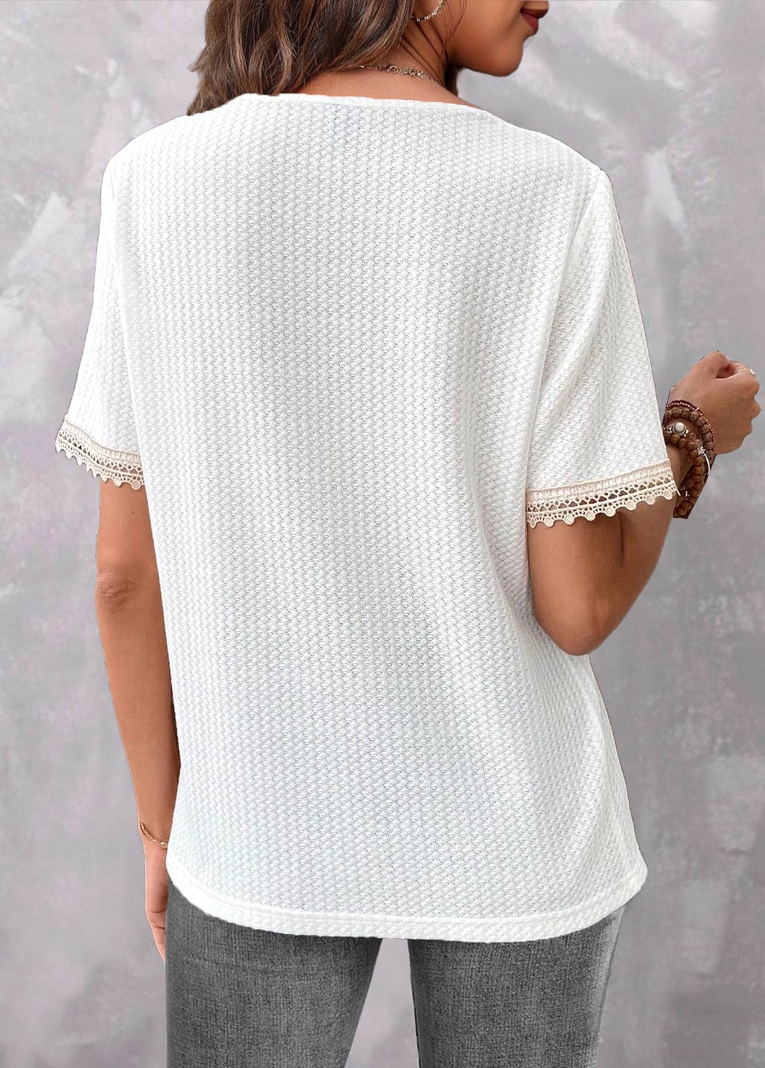White Lace Short Sleeve V Neck T Shirt