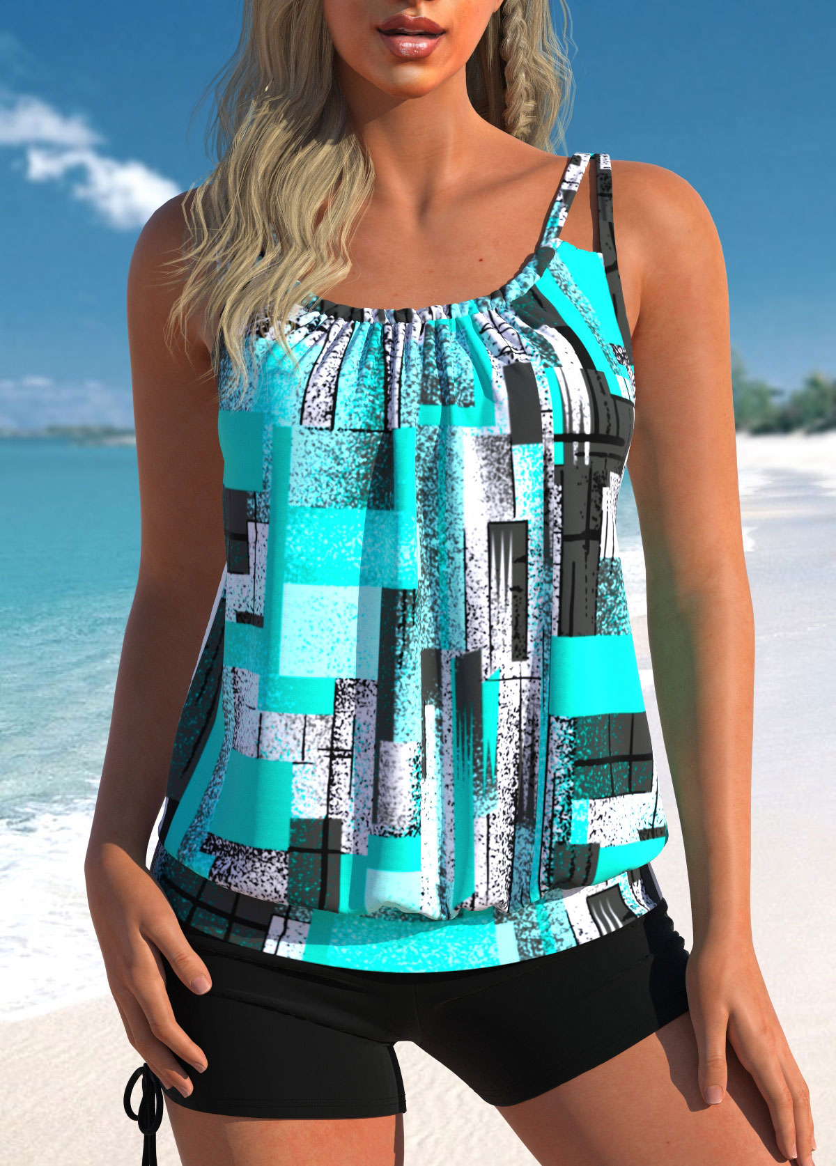 Ruched Geometric Print Cyan Tankini Top-No Bottom | picture 