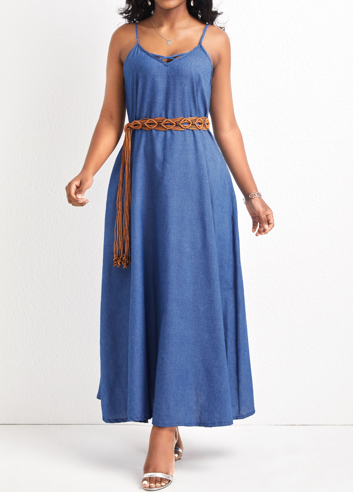 Denim Blue Pocket A Line Strappy Maxi Dress
