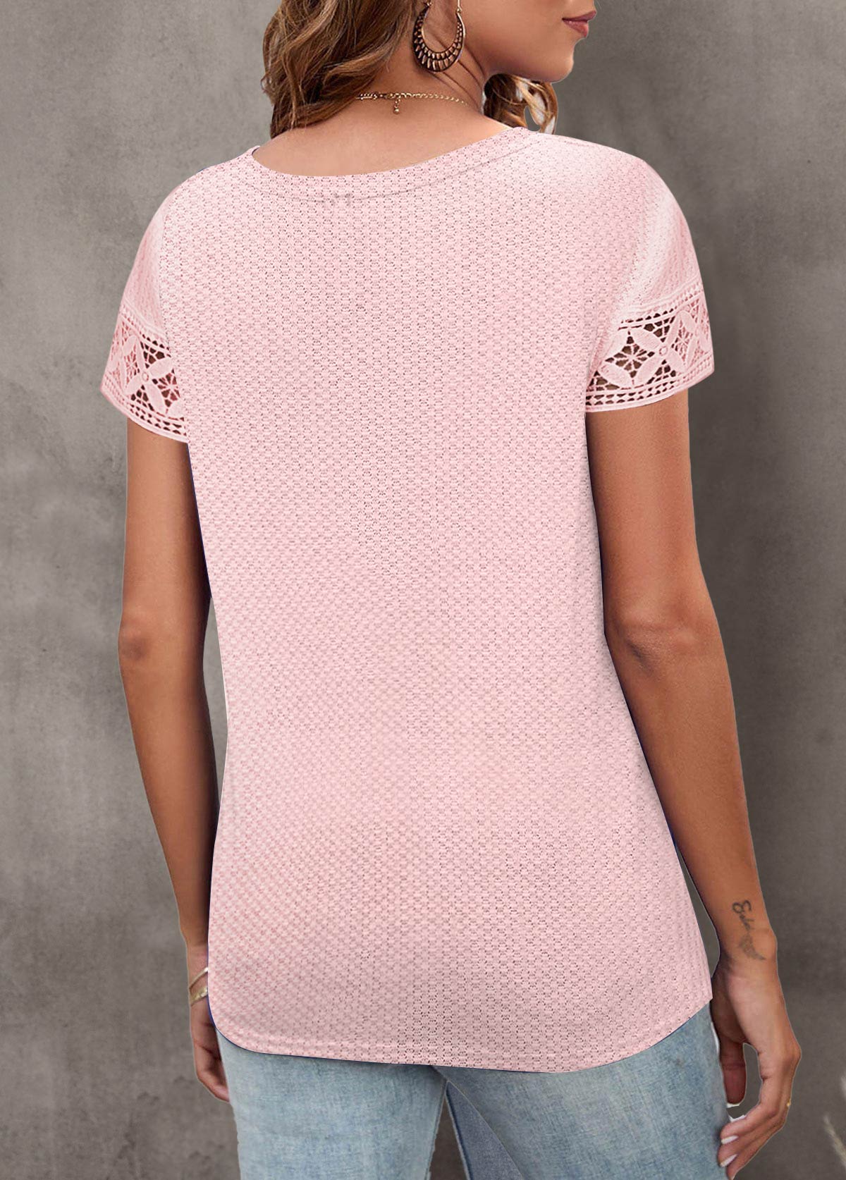Light Pink Lace Short Sleeve Round Neck T Shirt