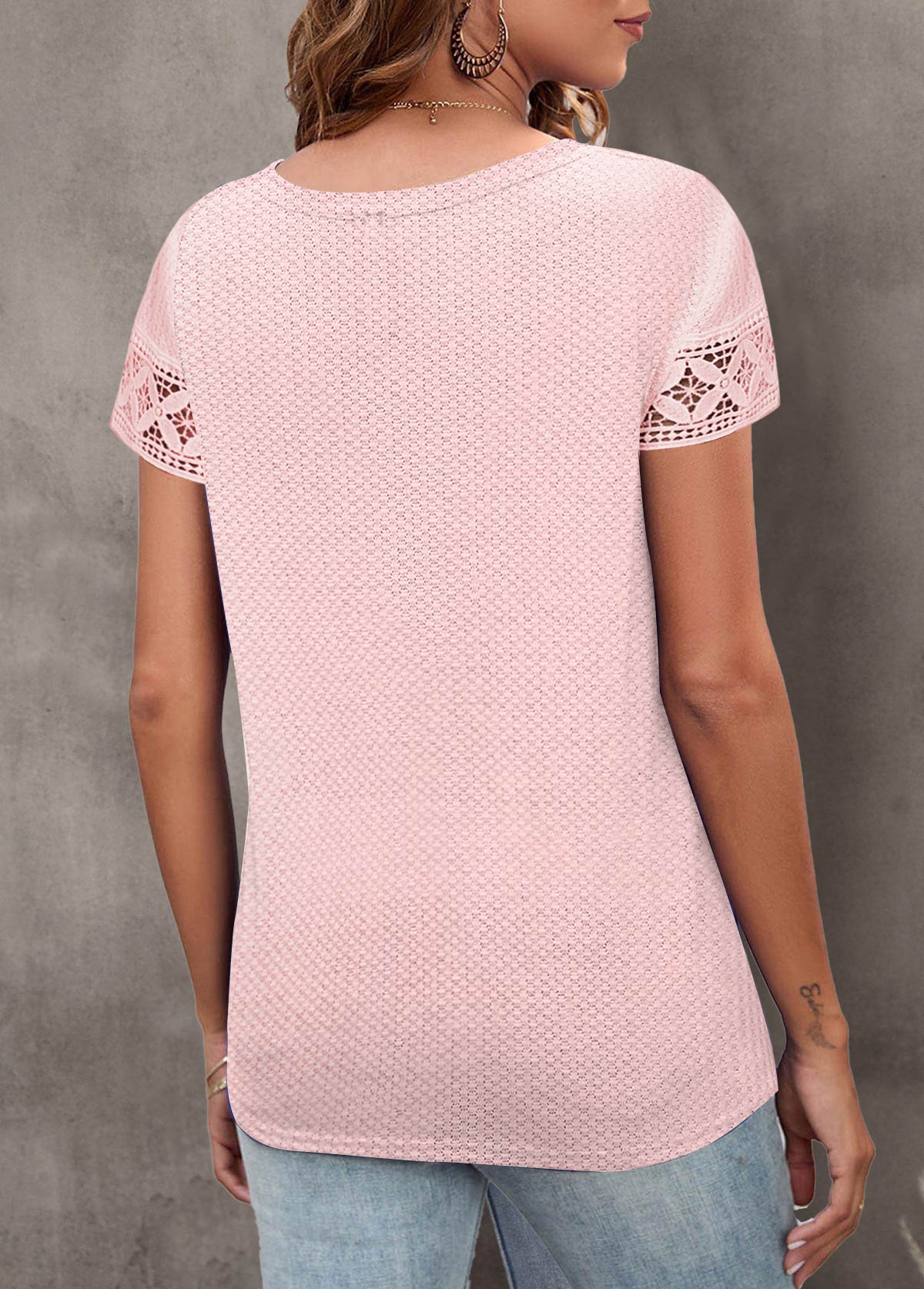 Light Pink Lace Short Sleeve Round Neck T Shirt | picture 