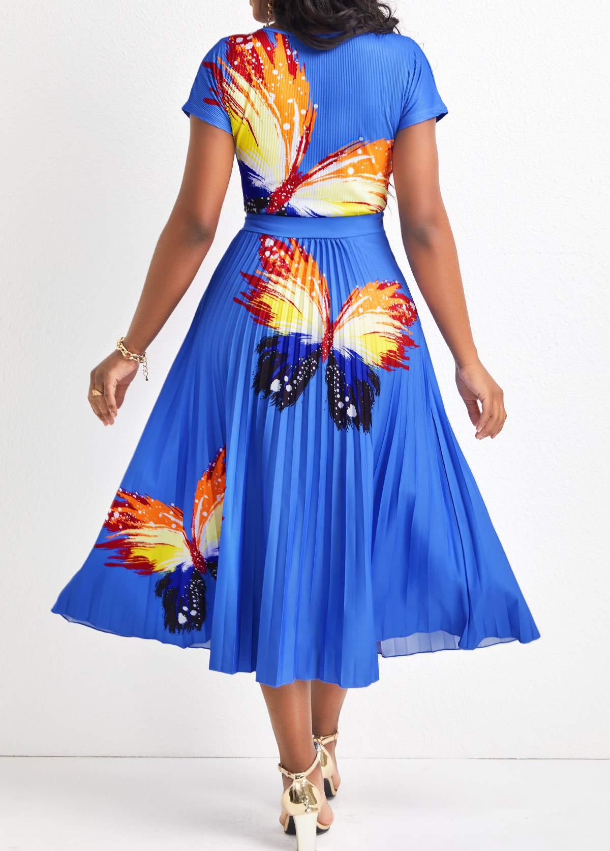 Sky Blue Pleated Butterfly Print Short Sleeve Dress