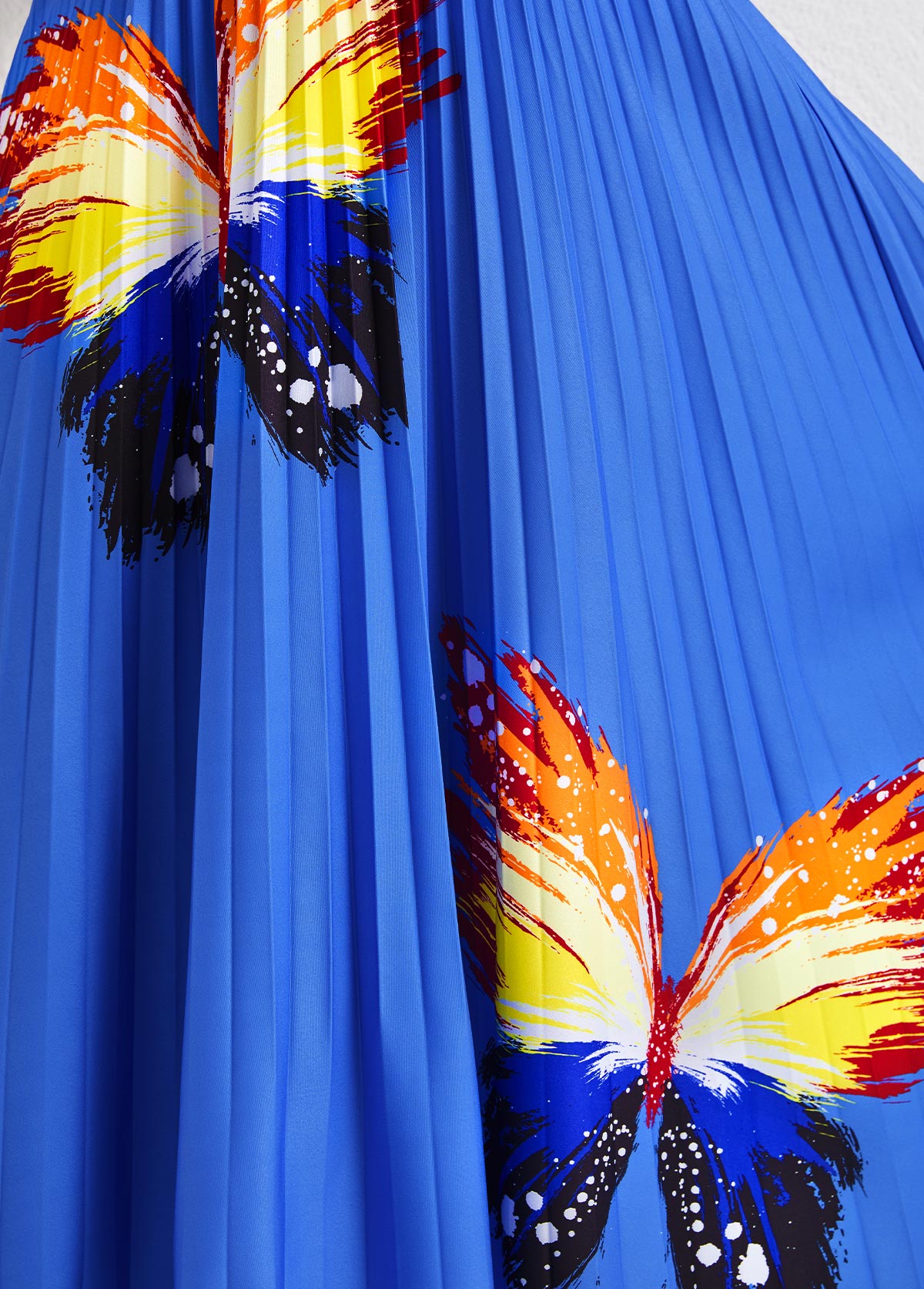 Sky Blue Pleated Butterfly Print Short Sleeve Dress