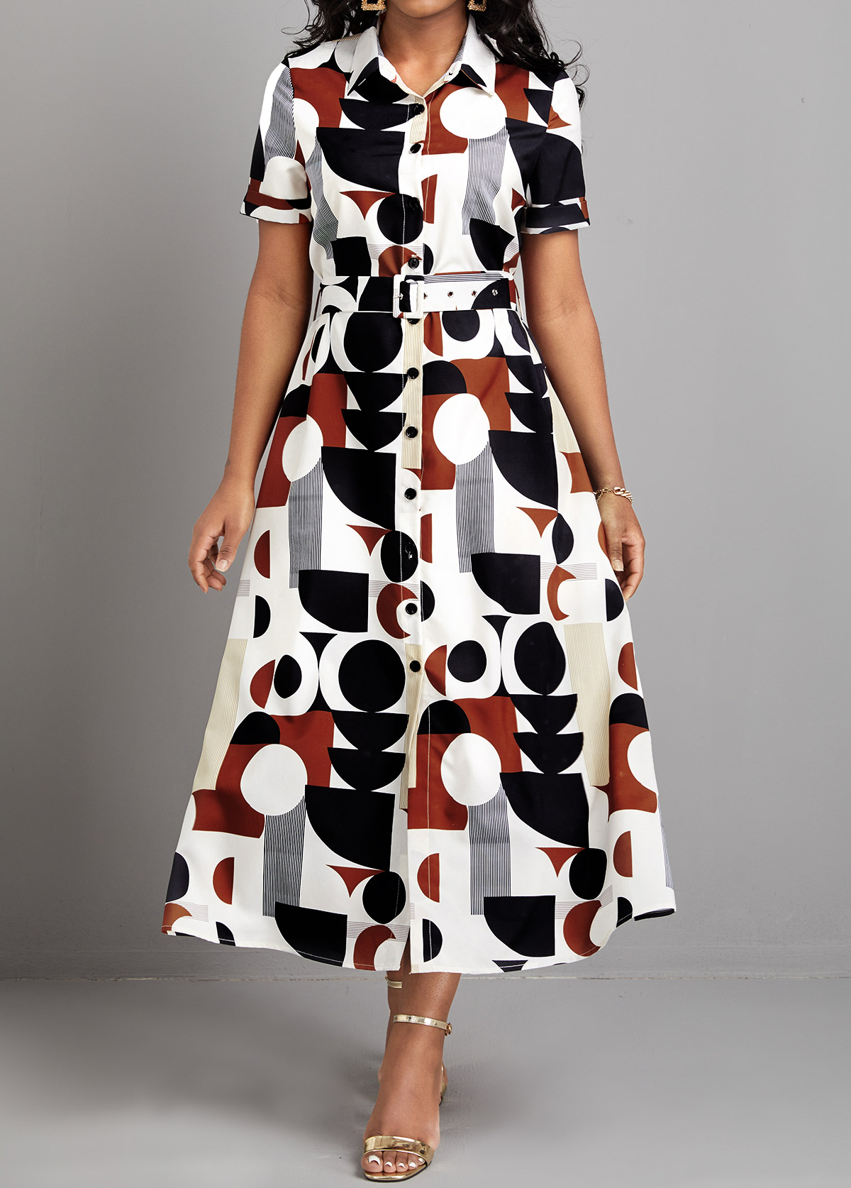 Multi Color Button Geometric Print Belted Dress