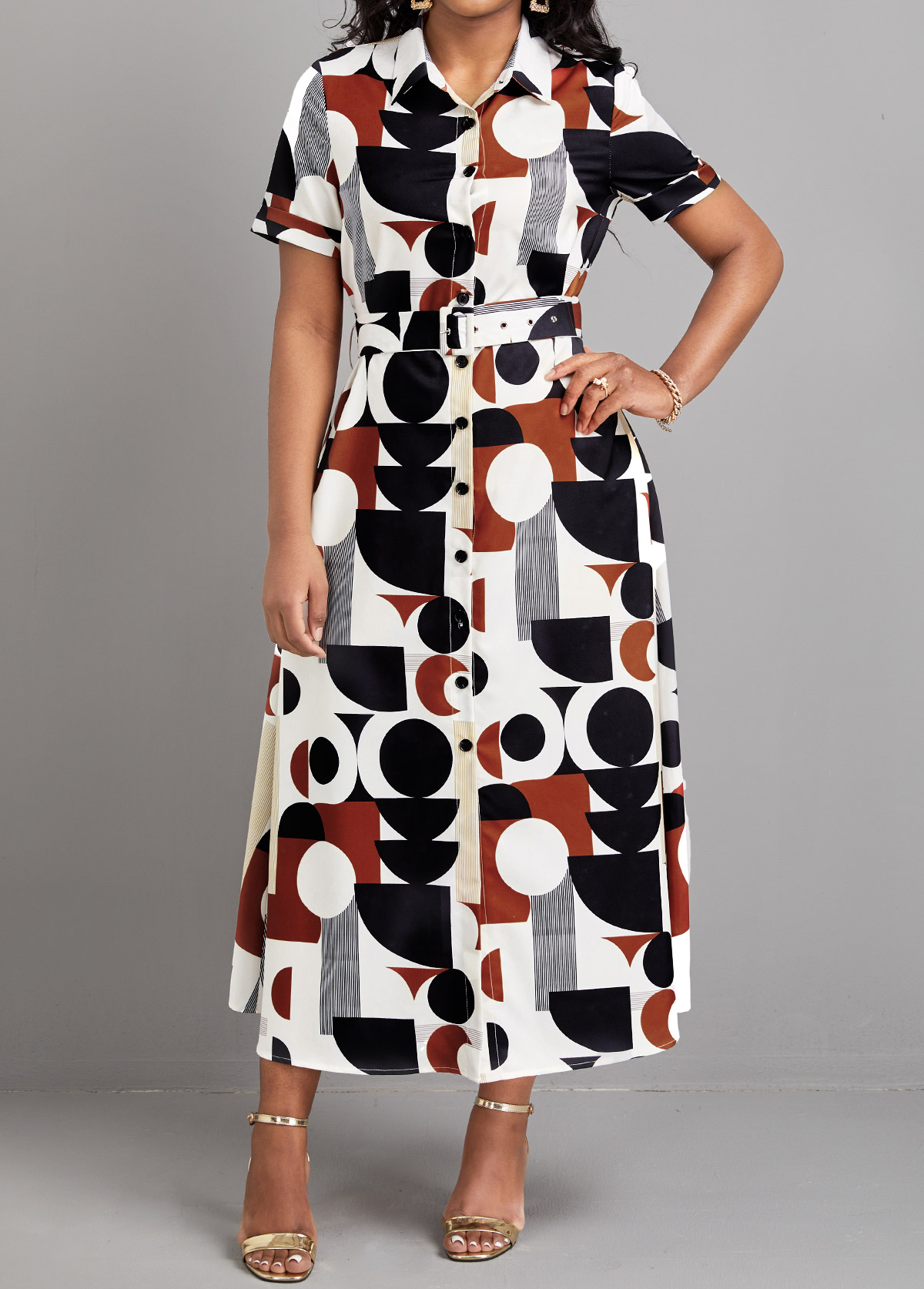 Multi Color Button Geometric Print Belted Dress