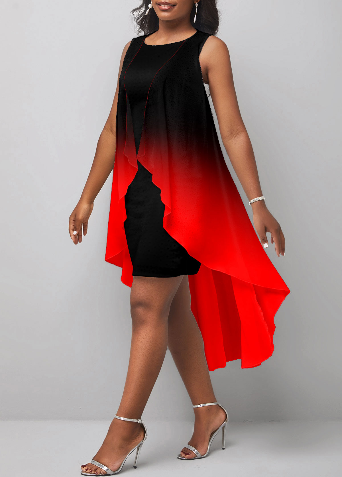 Red Layered Ombre High Low A Line Dress