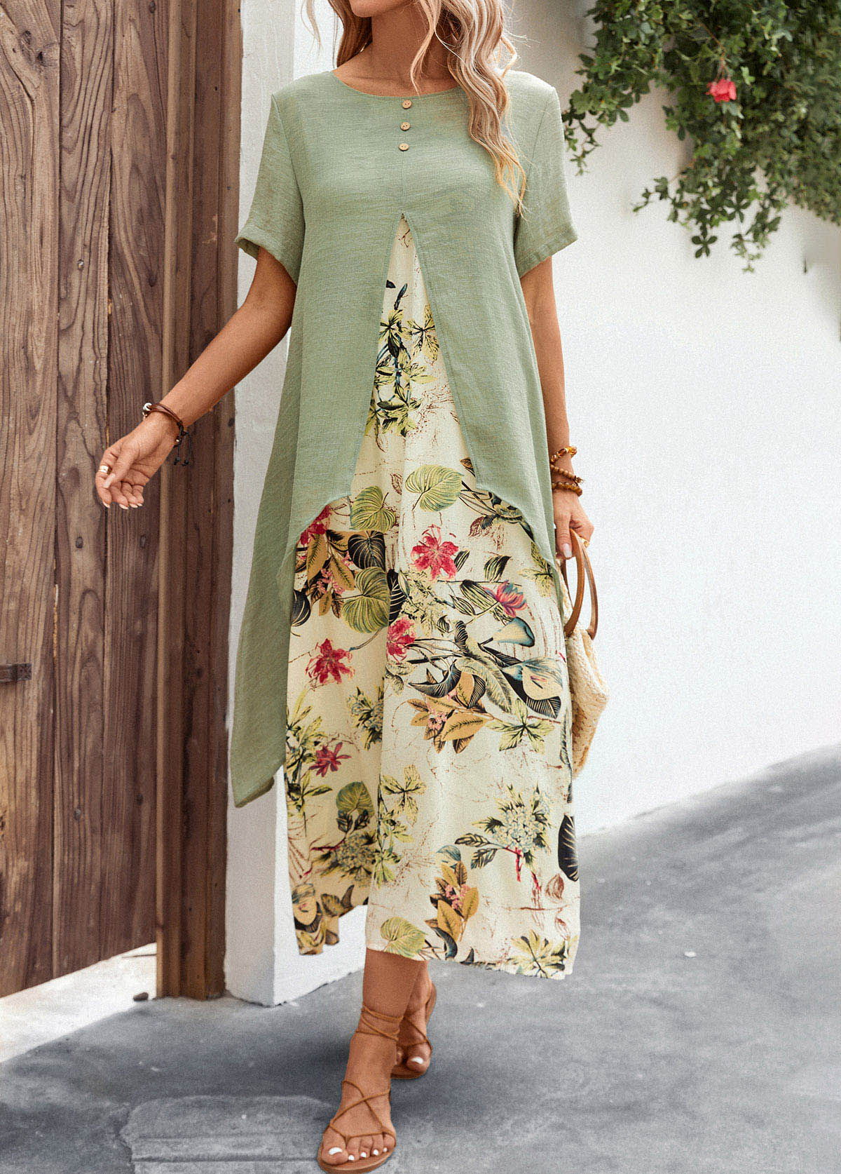 Sage Green Fake 2in1 Leaf Print Dress | picture 