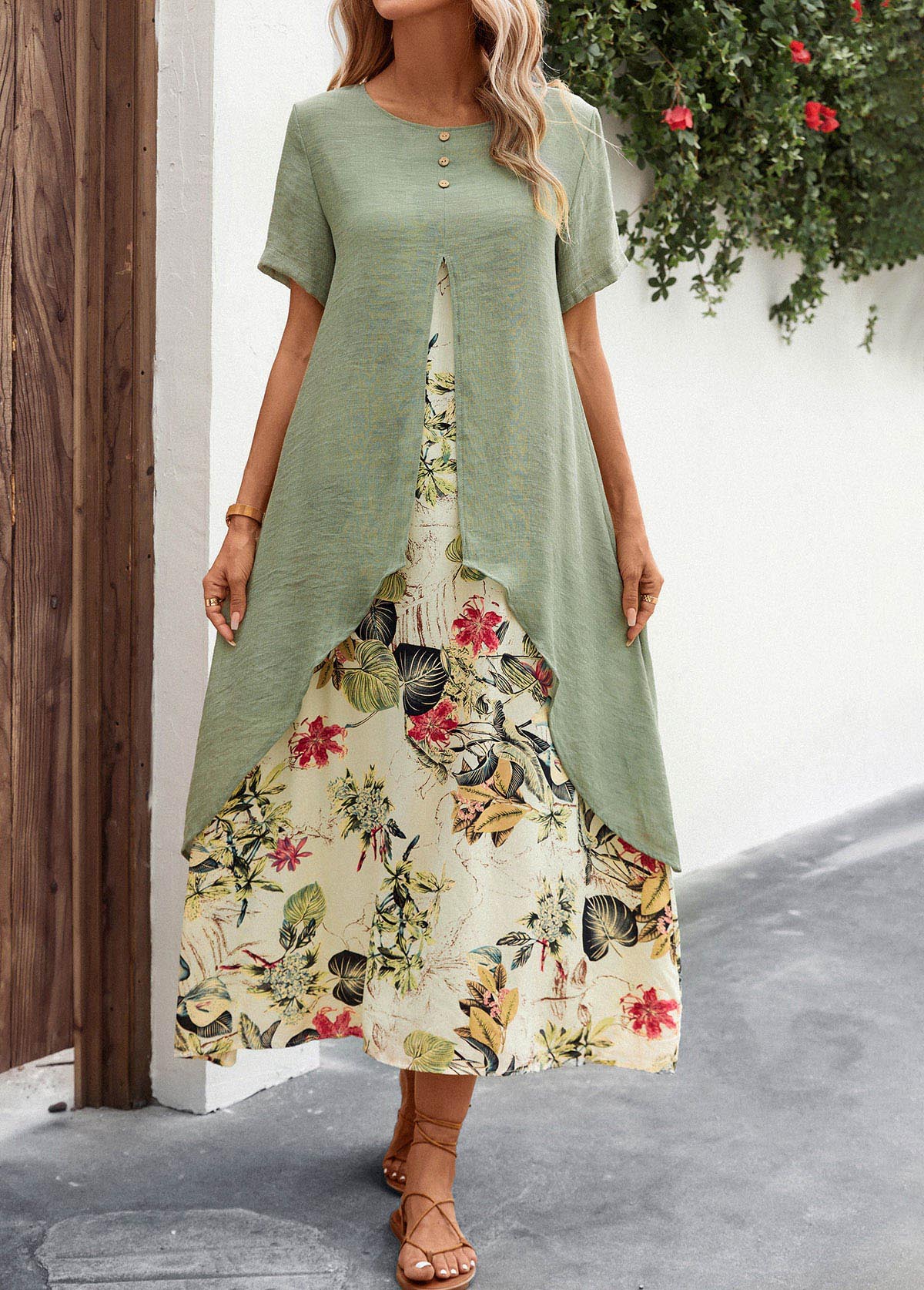 Sage Green Fake 2in1 Leaf Print Dress | picture 