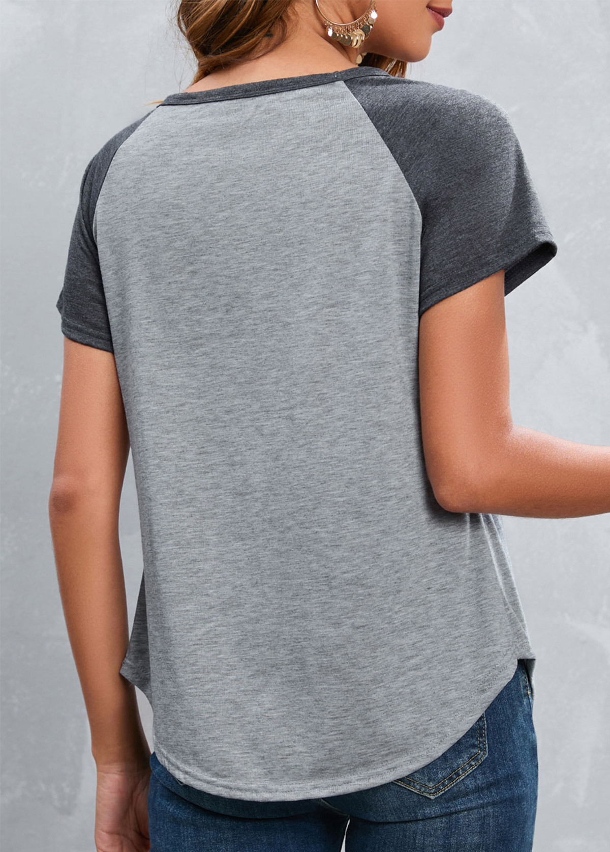 Grey Patchwork Short Sleeve Round Neck T Shirt
