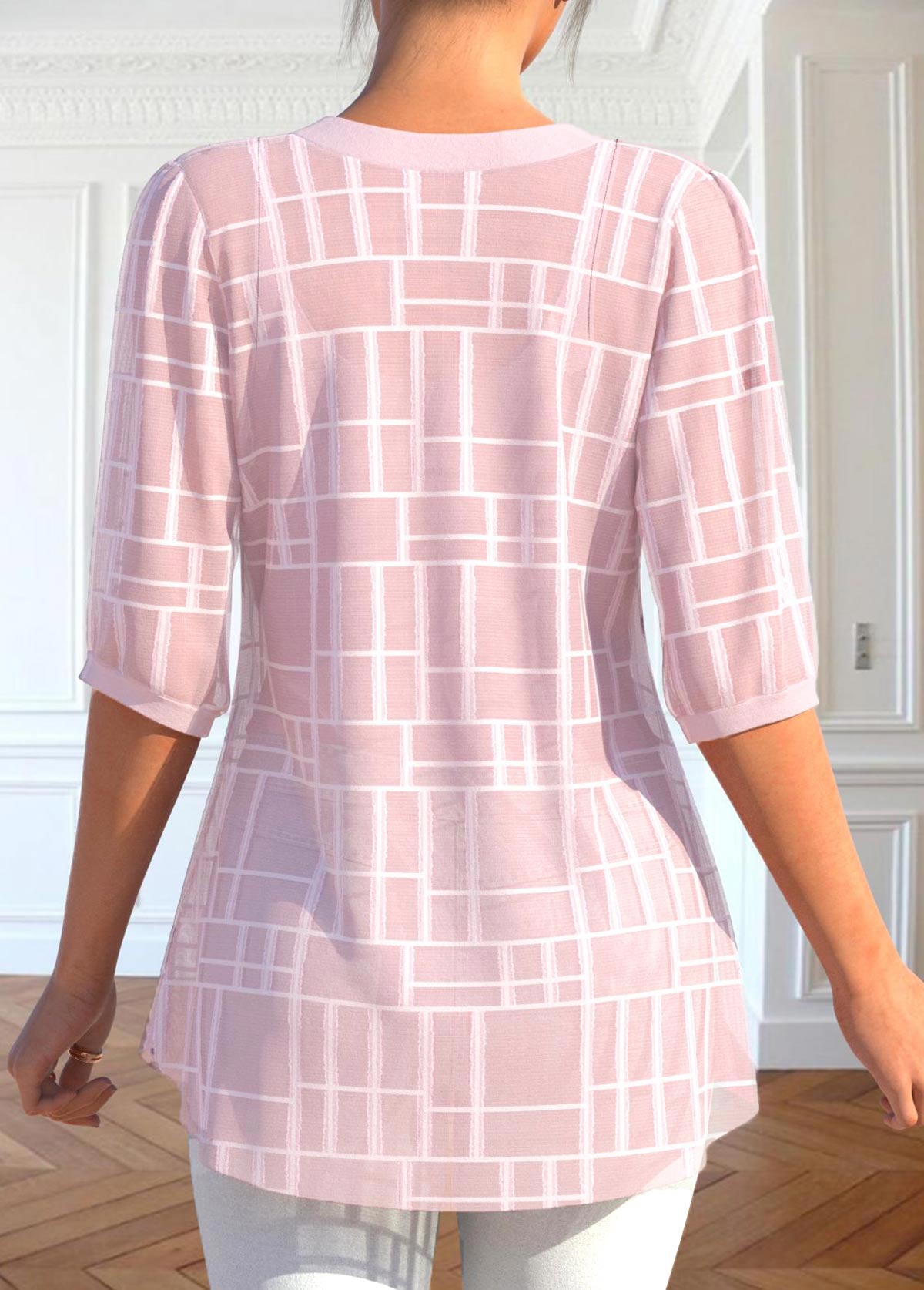 Light Pink Button 3/4 Sleeve Split Neck Blouse | picture 