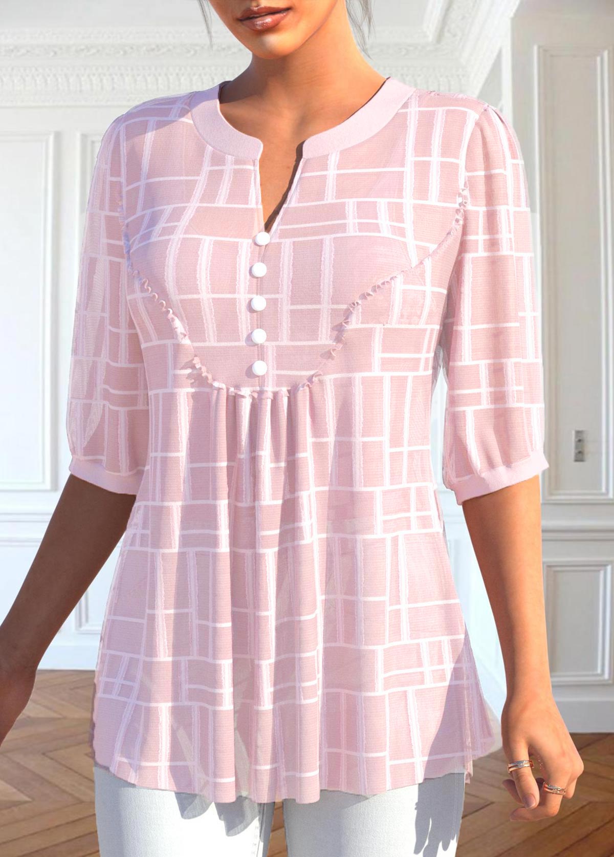 Light Pink Button 3/4 Sleeve Split Neck Blouse | picture 