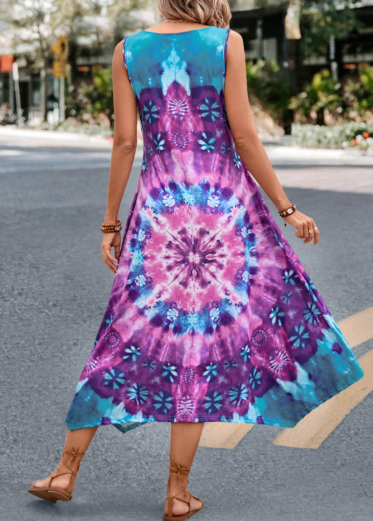 Purple Handkerchief Hem Tie Dye Print Dress