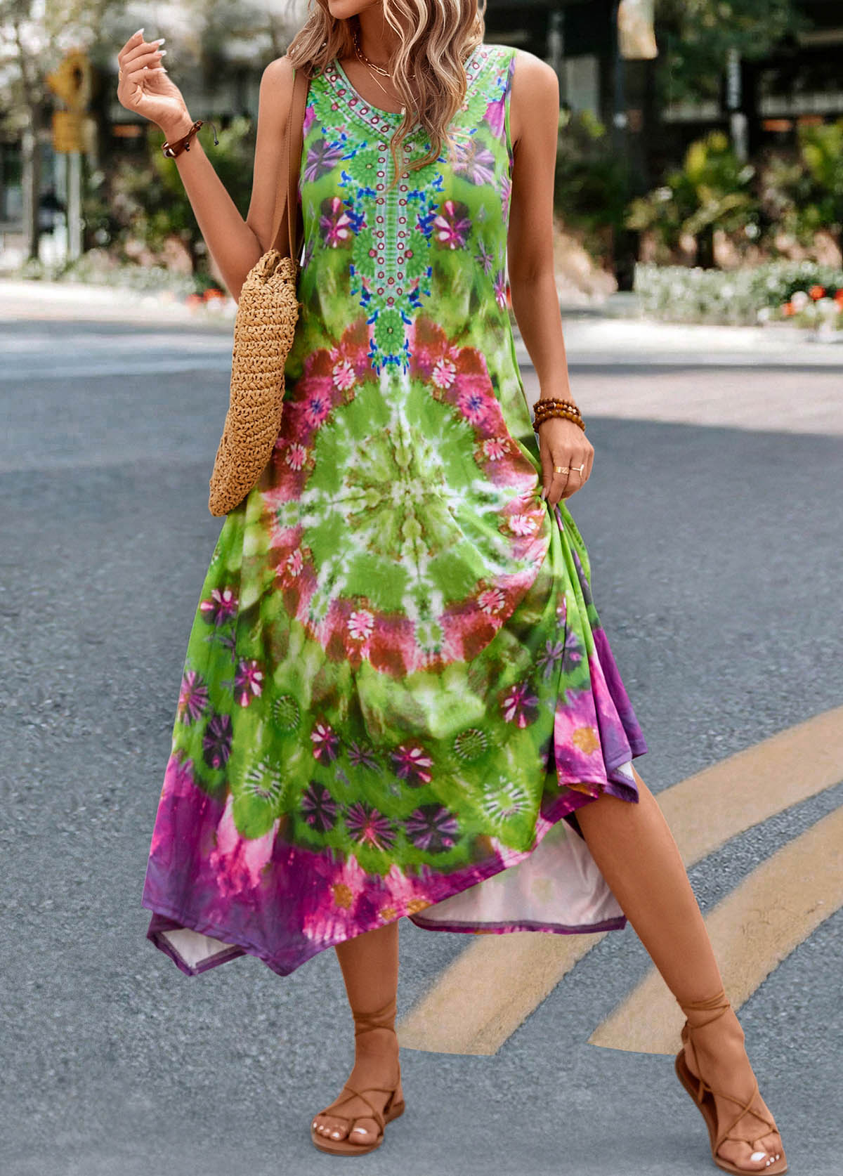 Modlily Green Handkerchief Hem Tie Dye Print Dress XXL