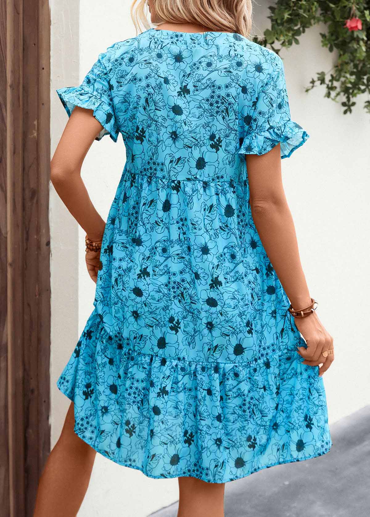 Button Detail Neon Blue Frill Floral Print Dress