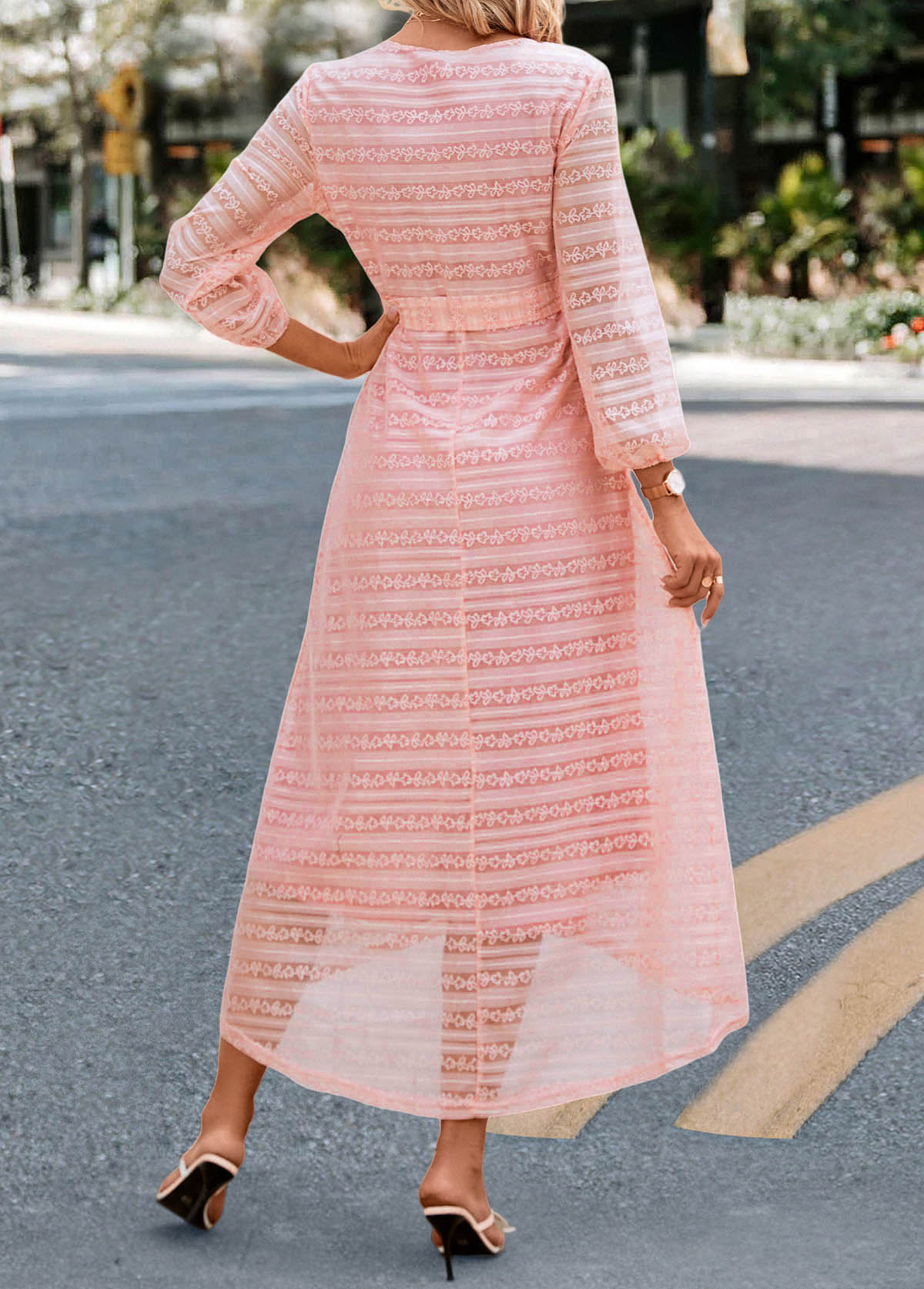 Light Pink Lace Patcwork Belted Dress