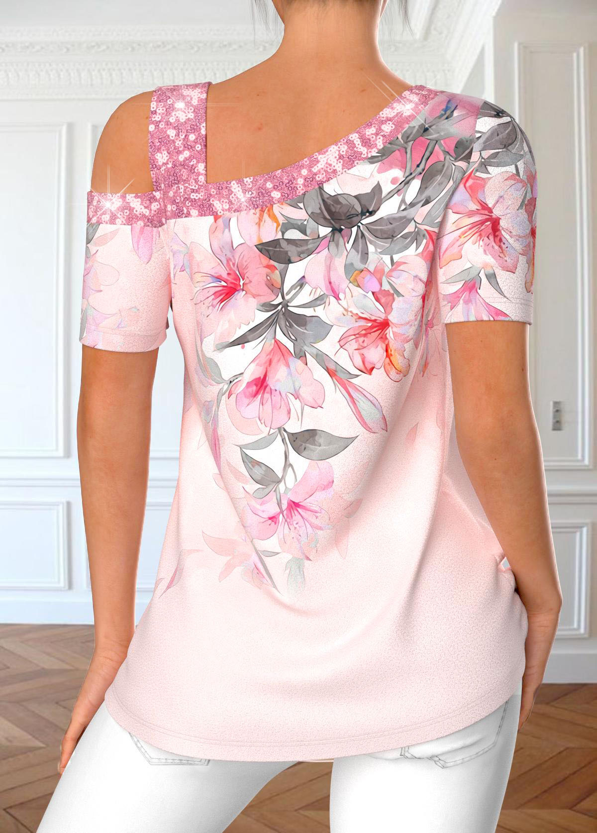 Light Pink Sequin Floral Print T Shirt