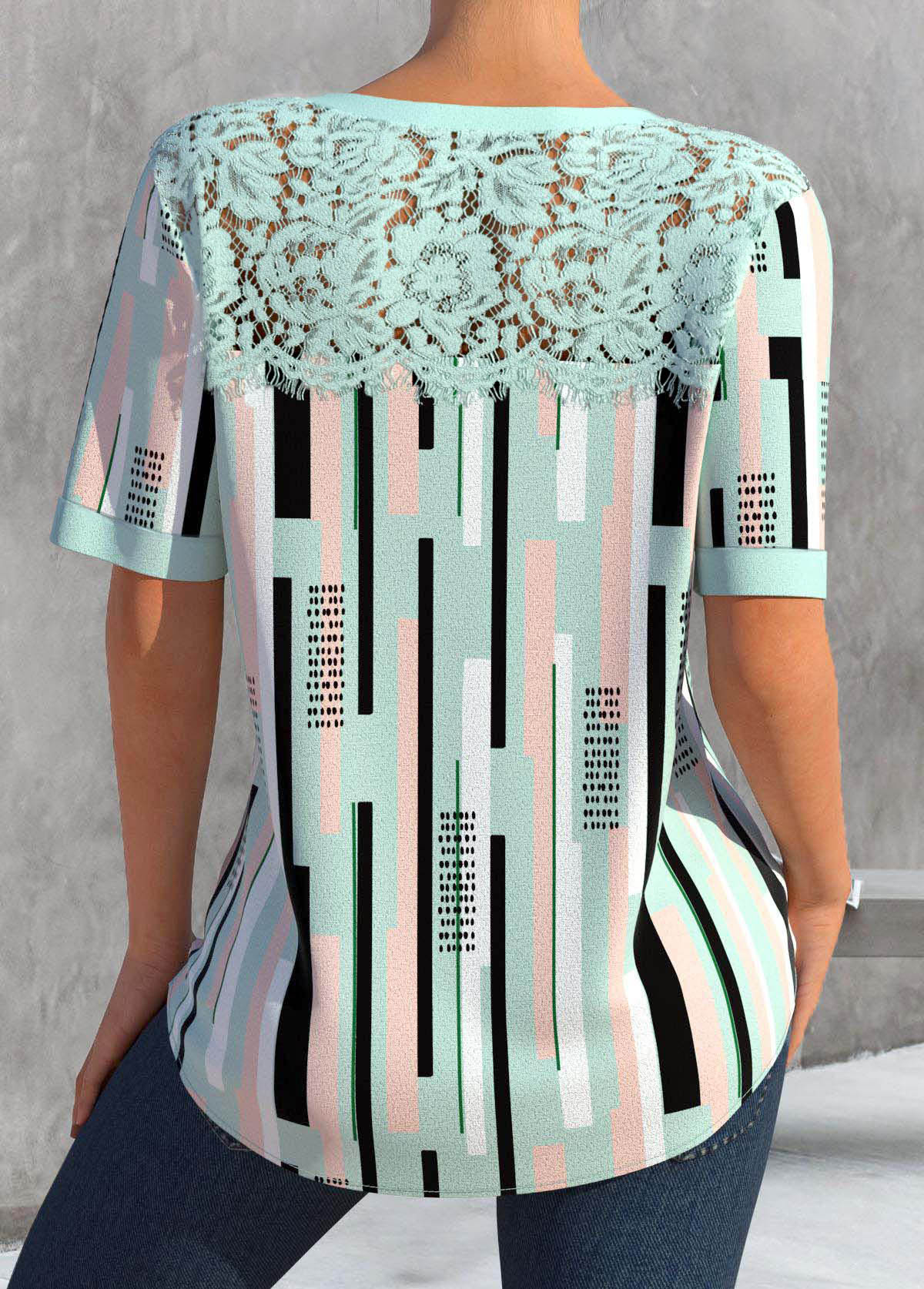 Green Lace Striped Short Sleeve Split Neck Blouse | picture 