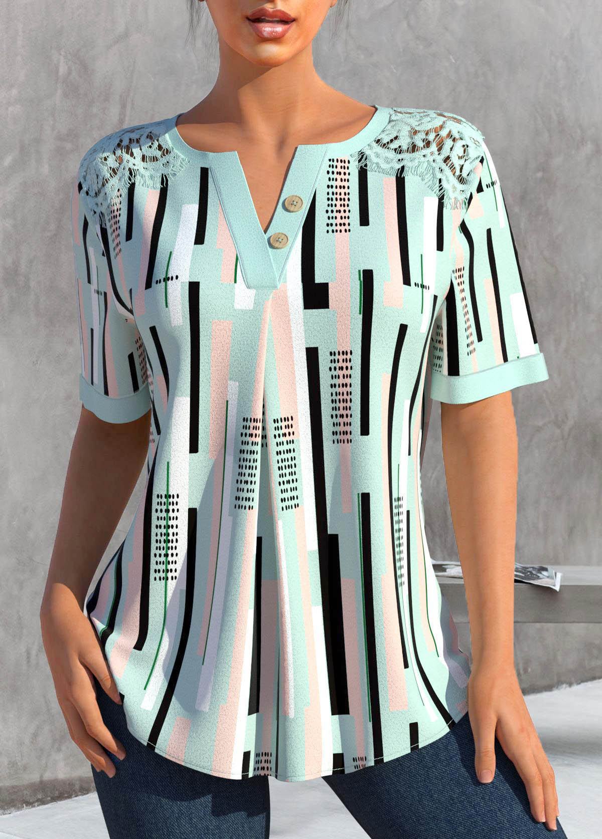 Green Lace Striped Short Sleeve Split Neck Blouse | picture 