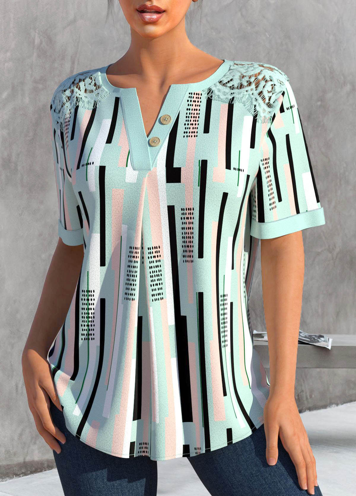 Green Lace Striped Short Sleeve Split Neck Blouse | picture 