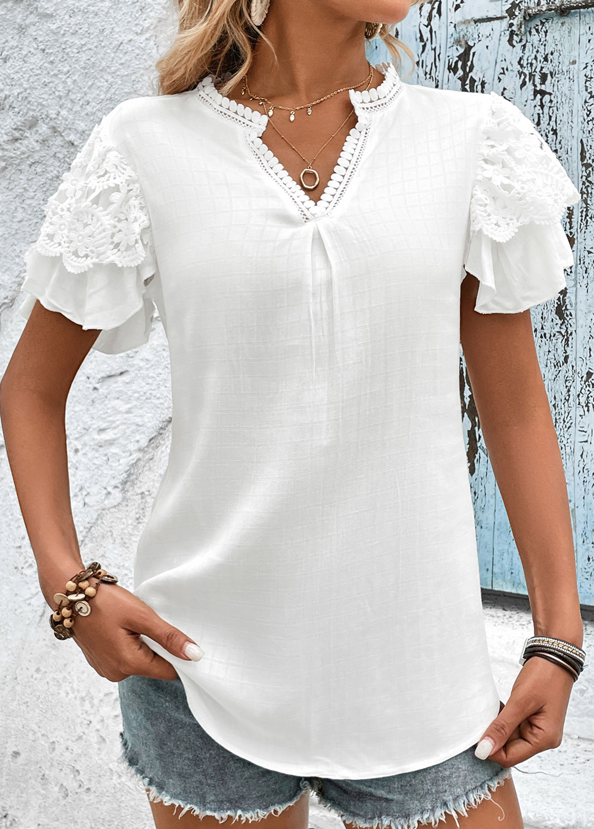 White Lace Short Sleeve Split Neck T Shirt