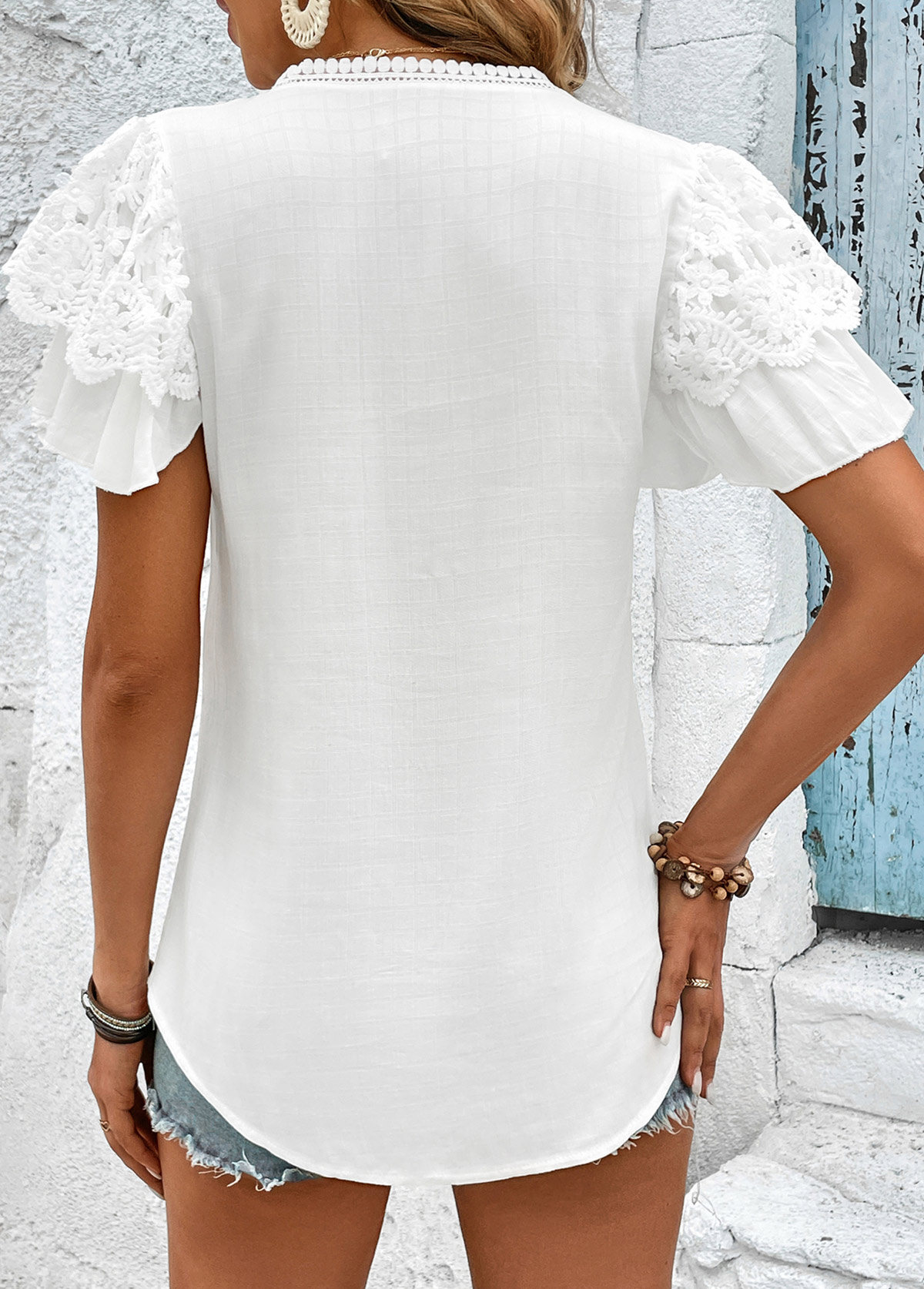 White Lace Short Sleeve Split Neck T Shirt