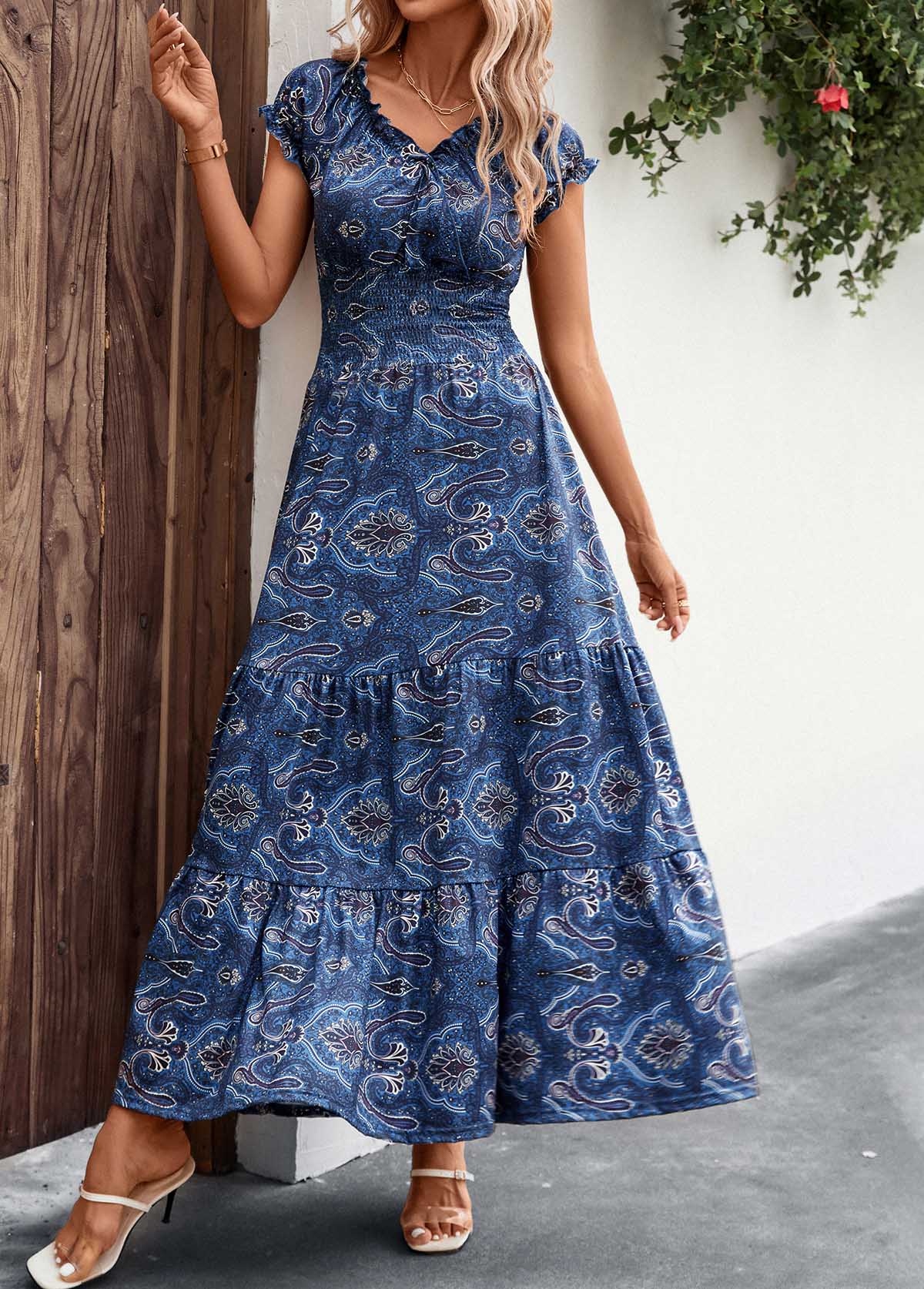 Dark Blue Smocked Tribal Print Maxi Dress