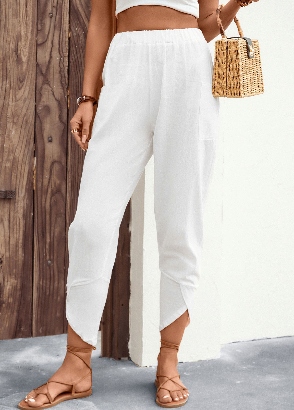 White Patchwork Jogger Elastic Waist High Waisted Pants