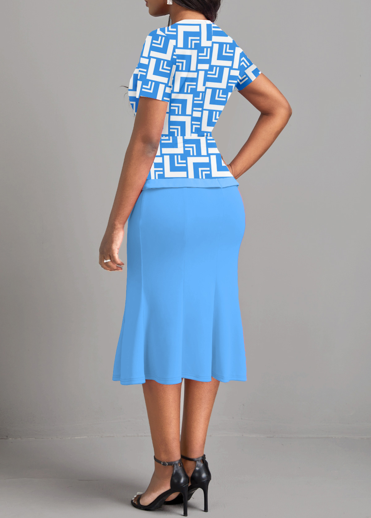 Light Blue Patchwork Geometric Print Bodycon Dress