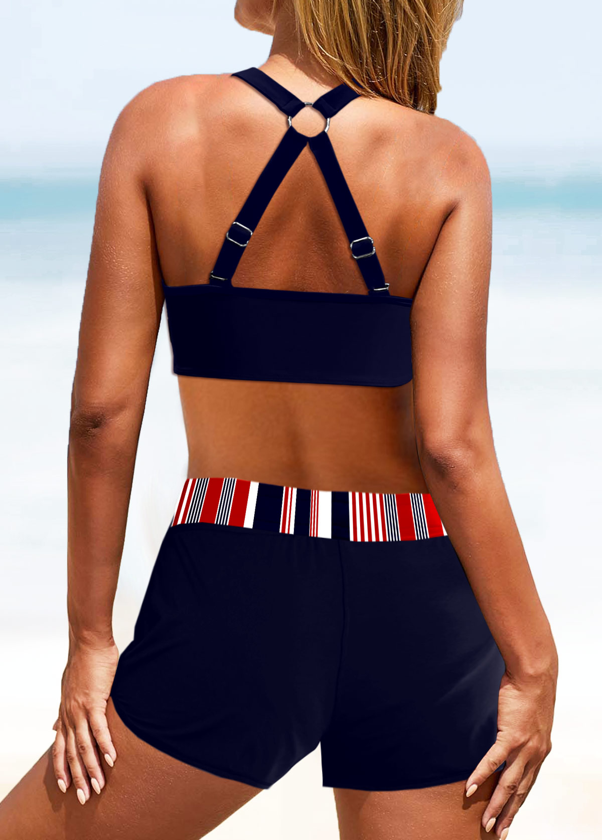 Criss Cross Striped Navy Bikini Top-No Bottom
