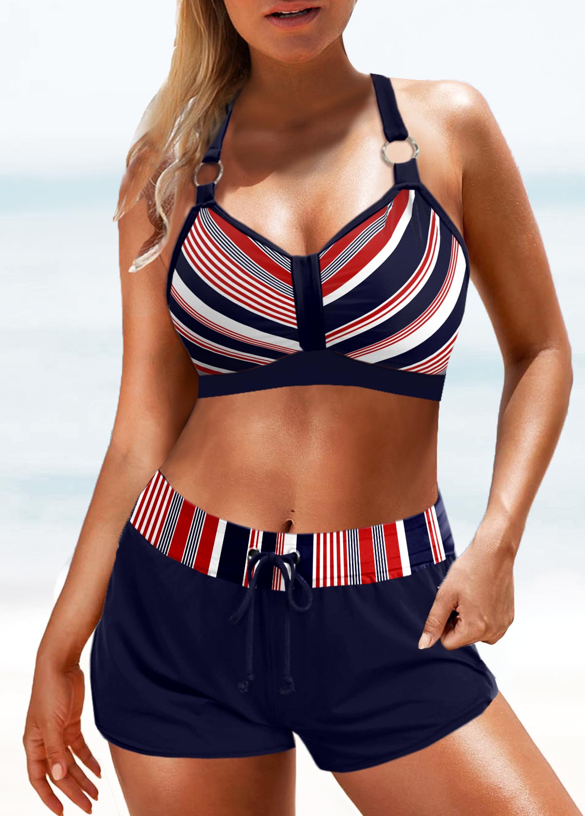 Criss Cross Striped Navy Bikini Top-No Bottom