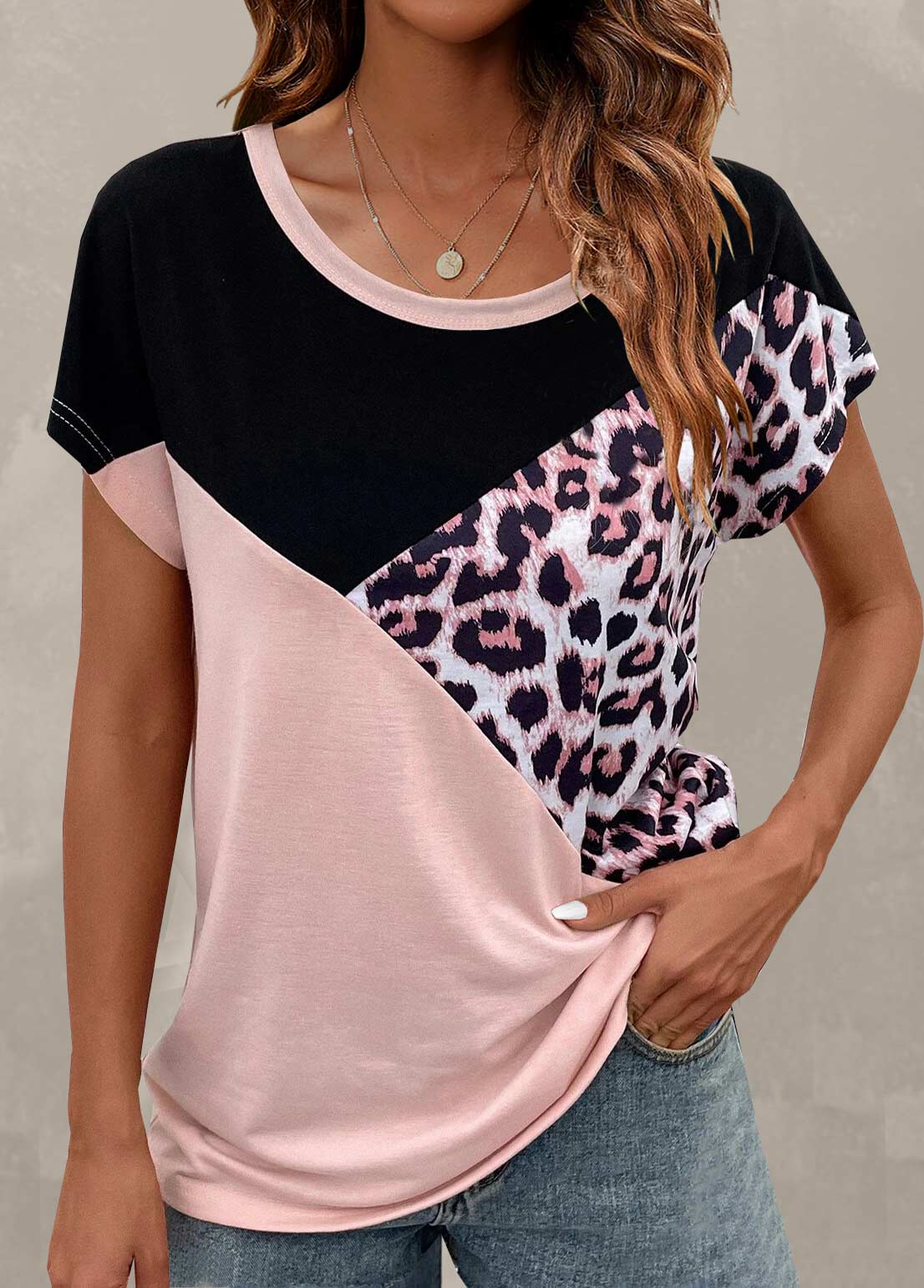Light Pink Leopard Short Sleeve T Shirt