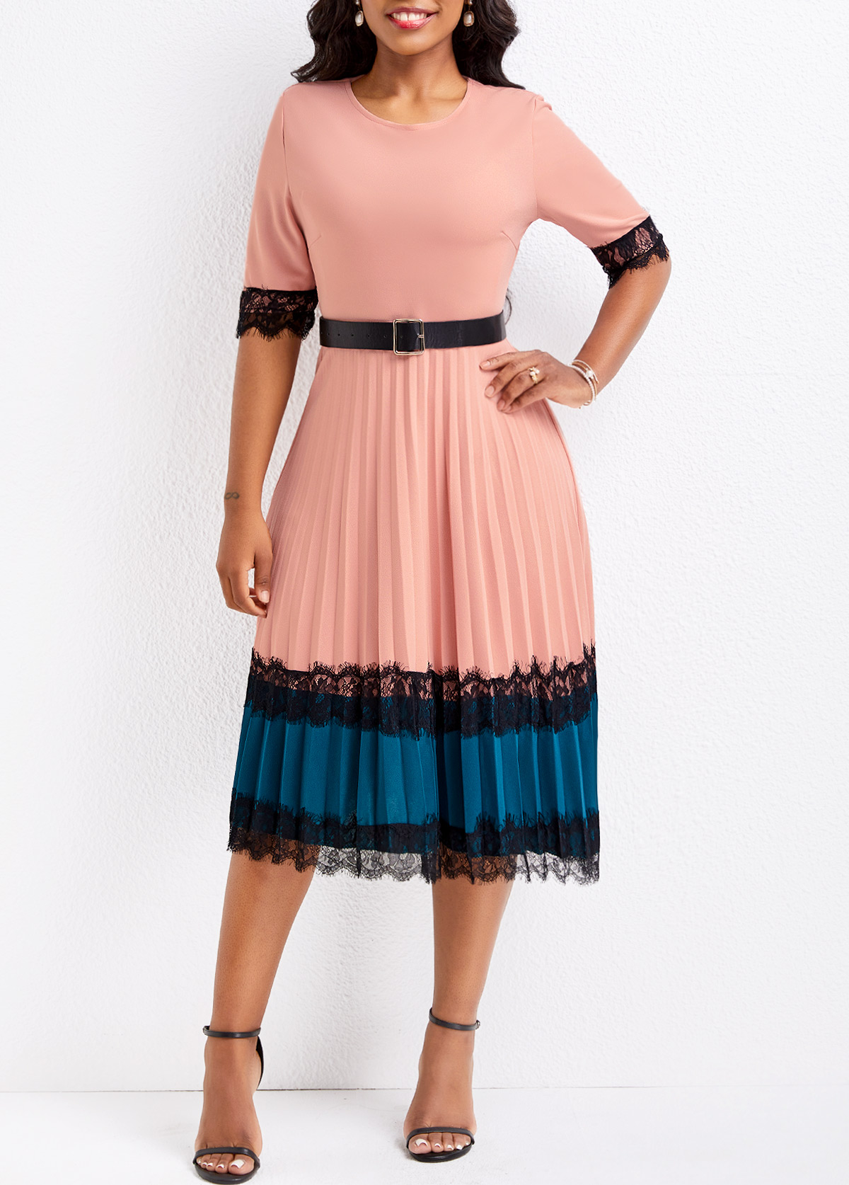 Dusty Pink Lace Belted Half Sleeve Dress