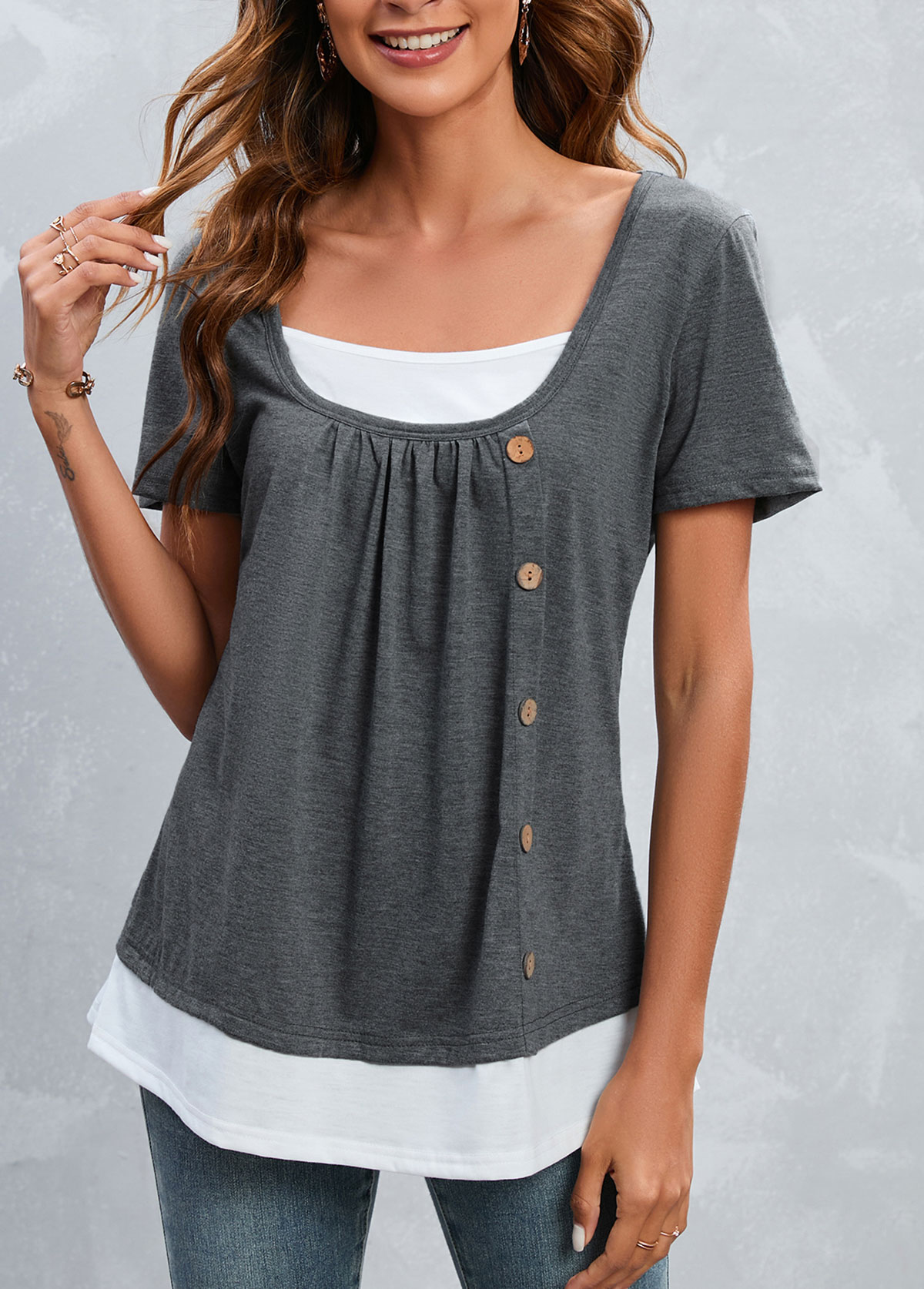 Grey Button Short Sleeve Square Neck T Shirt