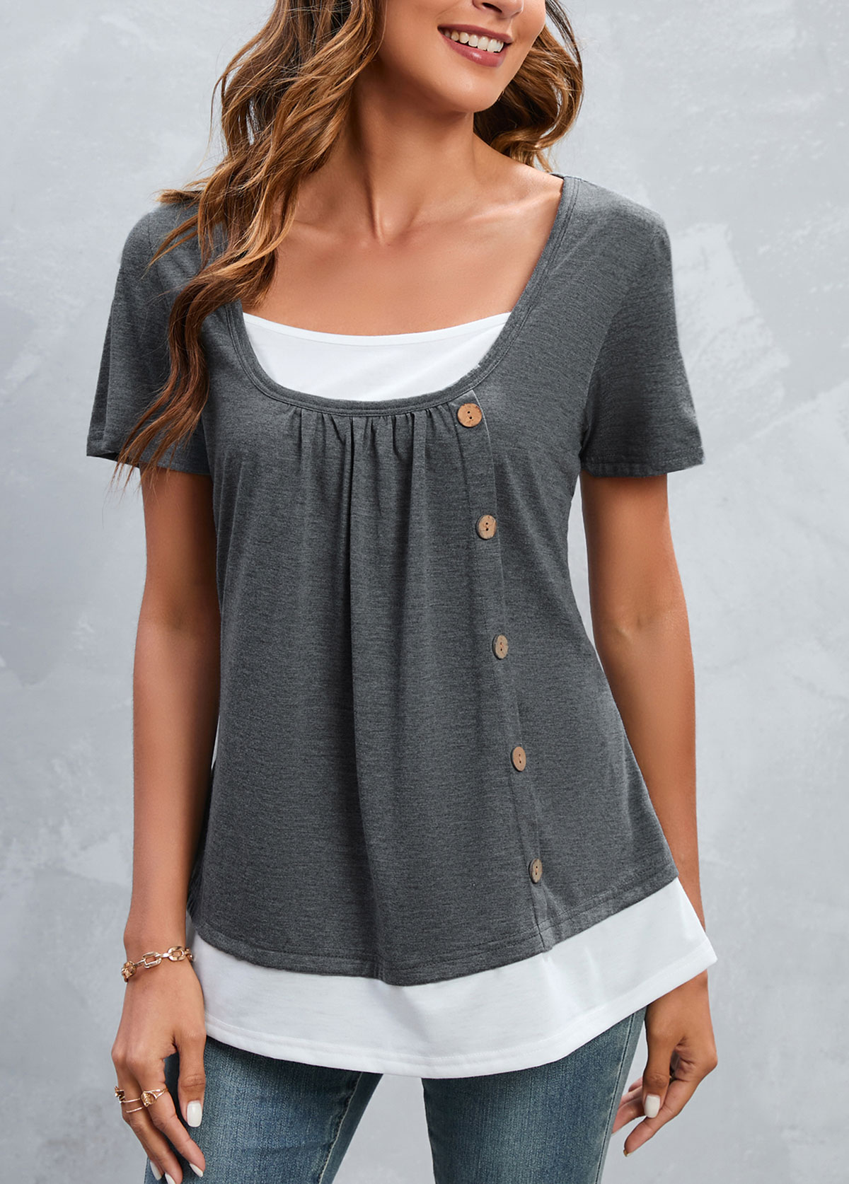 Grey Button Short Sleeve Square Neck T Shirt