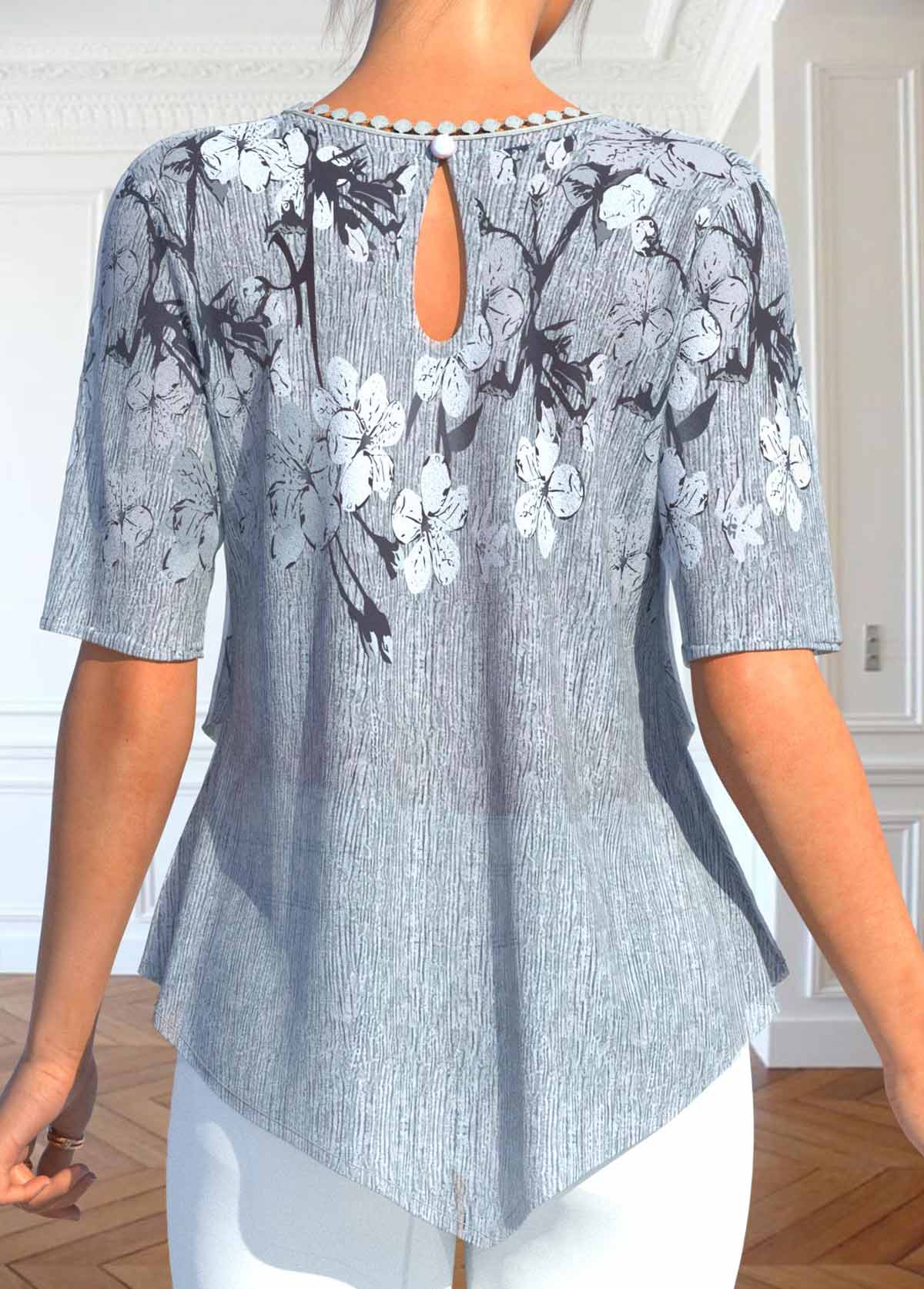 Grey Layered Floral Print Half Sleeve Blouse