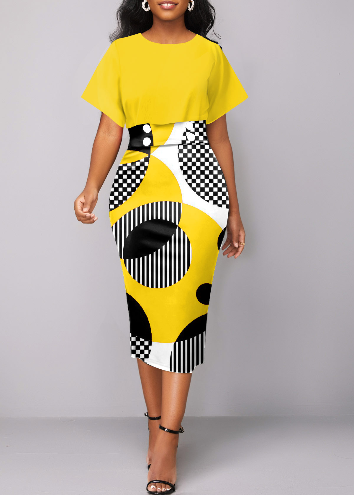 Yellow Geometric Print Short Sleeve Dress